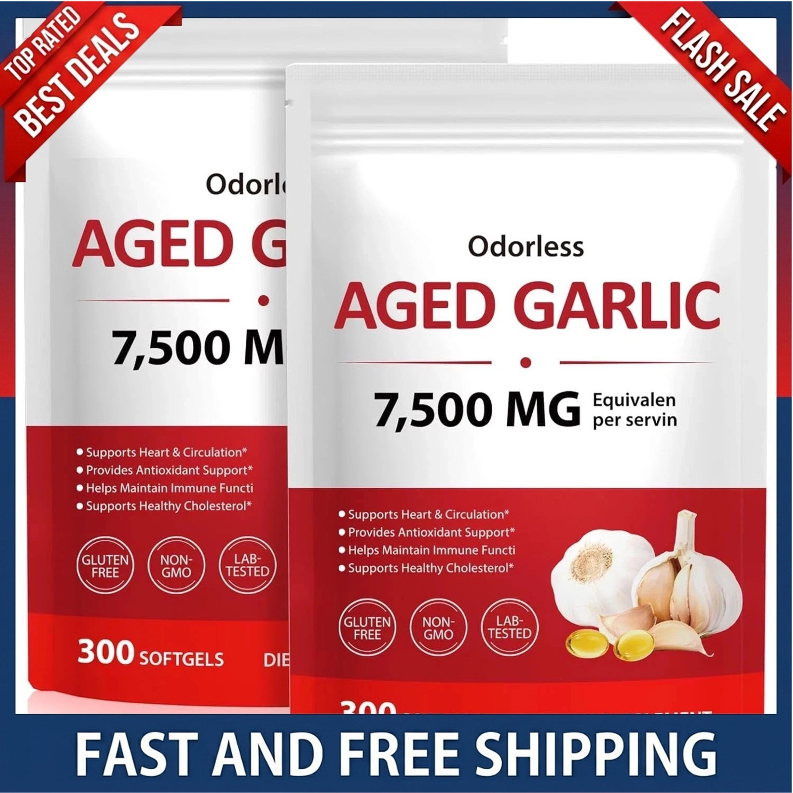 2 PACK Elare Aged Garlic Extract, 300 Softgels, 7500mg Odorless | Heart & Immune