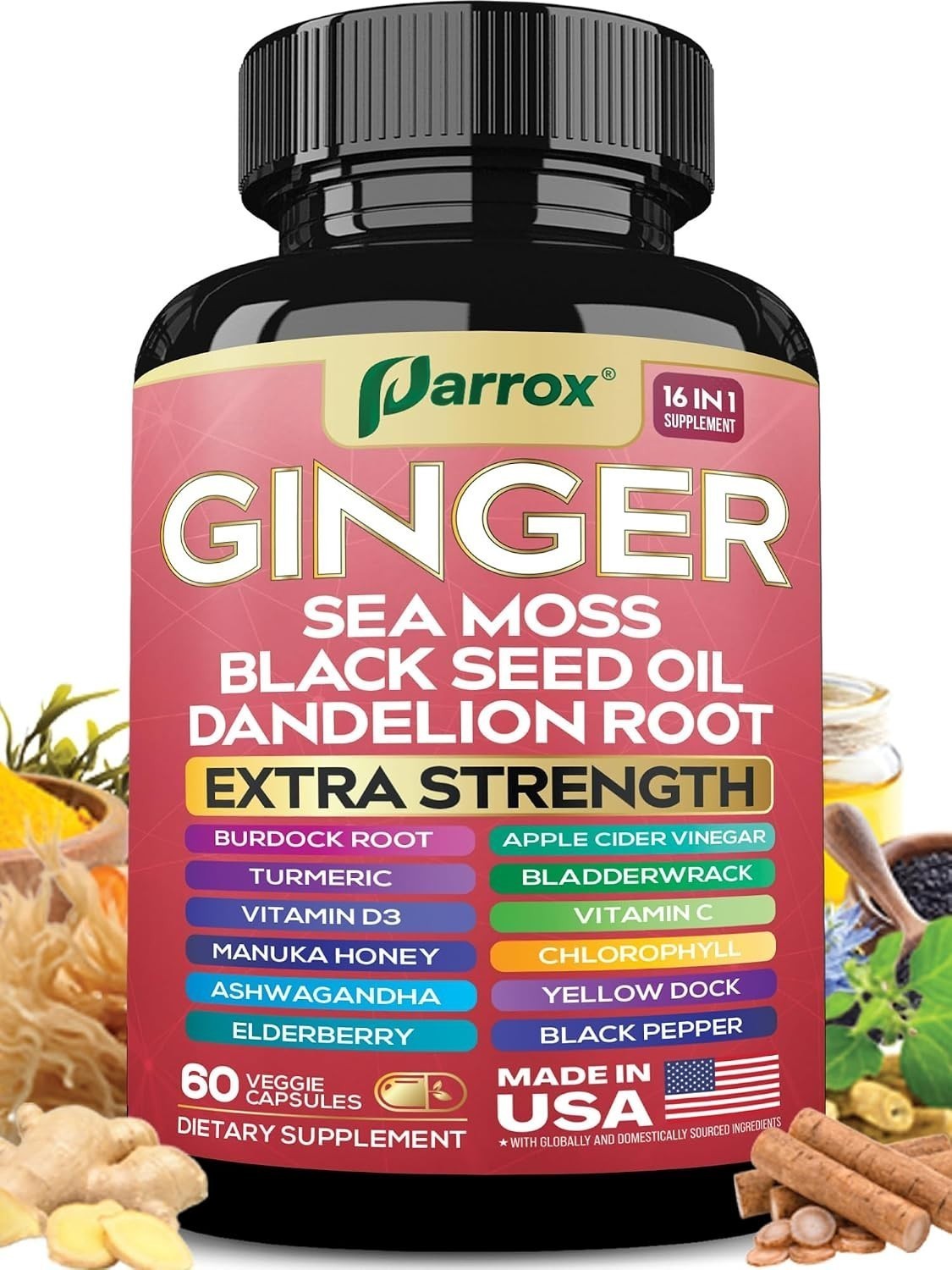 Parrox Ginger Black Seed Oil Ashwagandha Turmeric Burdock Sea Moss 60 EXP 09/27