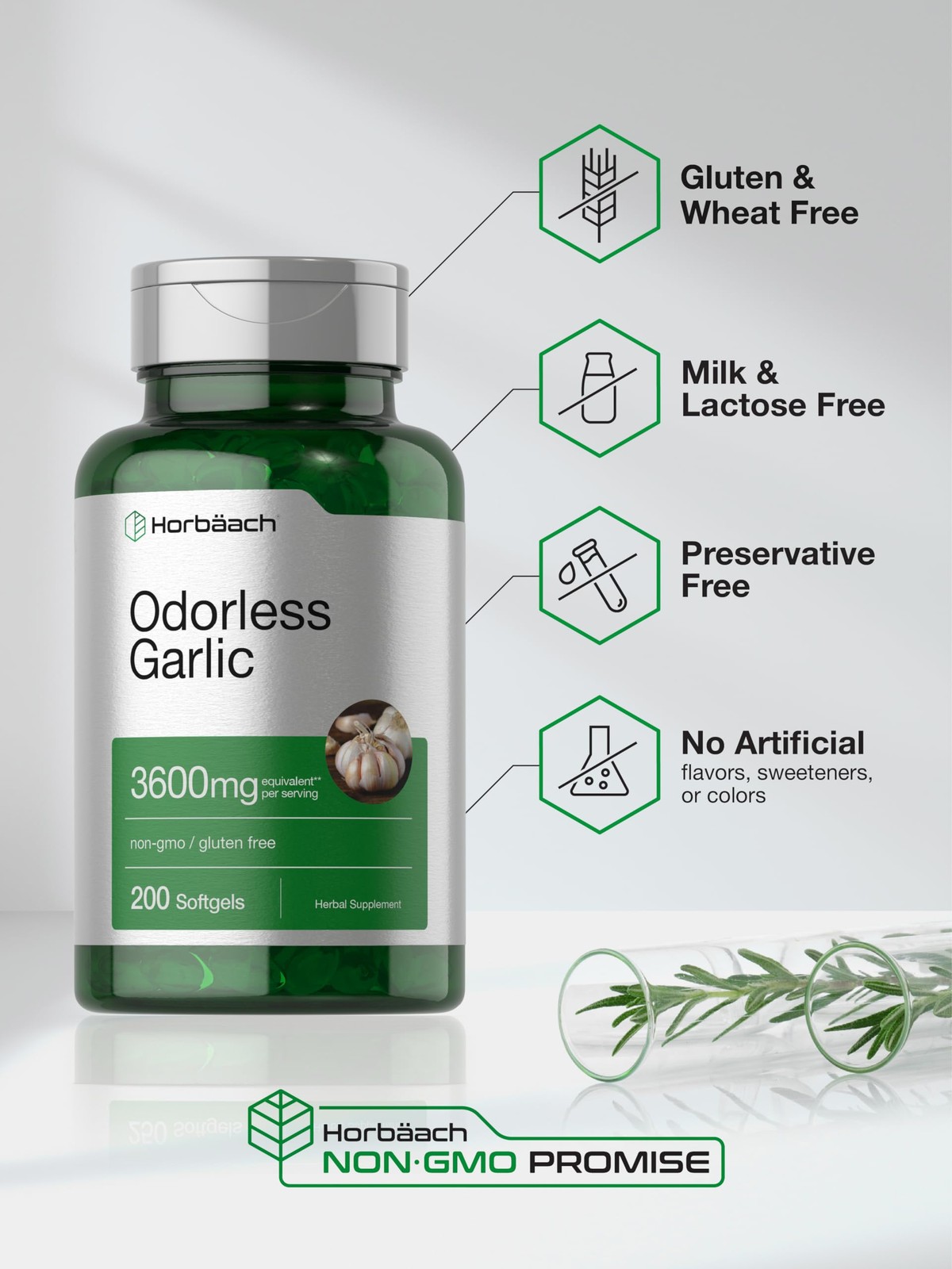 Horbäach Odorless Garlic Softgels 3600 mg | 200 Count | Ultra Potent Garlic