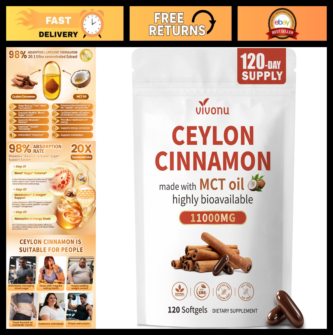 Organic Ceylon Cinnamon & MCT Oil Softgels – 120 Count, Energy & Metabolism Boos
