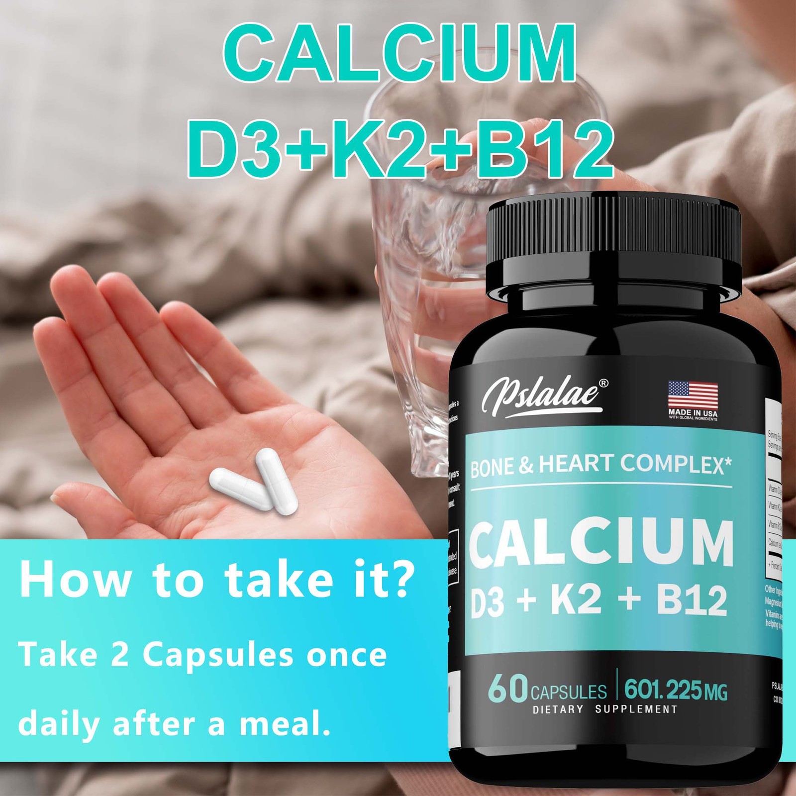 Calcium Capsules – with Vitamin D3, K2, B12, Immune, Bone, Muscle, Heart Health