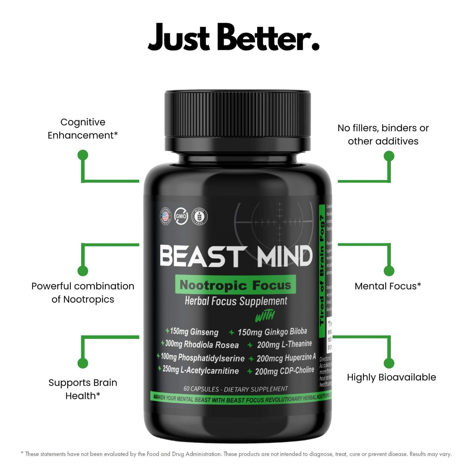 Focus Clarity Nootropic Blend | Ginkgo Biloba | Huperzine A | Rhodiola