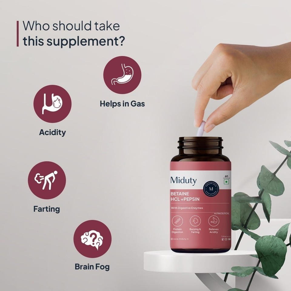 Miduty Betaine HCL+Pepsin for Digestion,Acidity,Indigestion Supplement 60capsuls