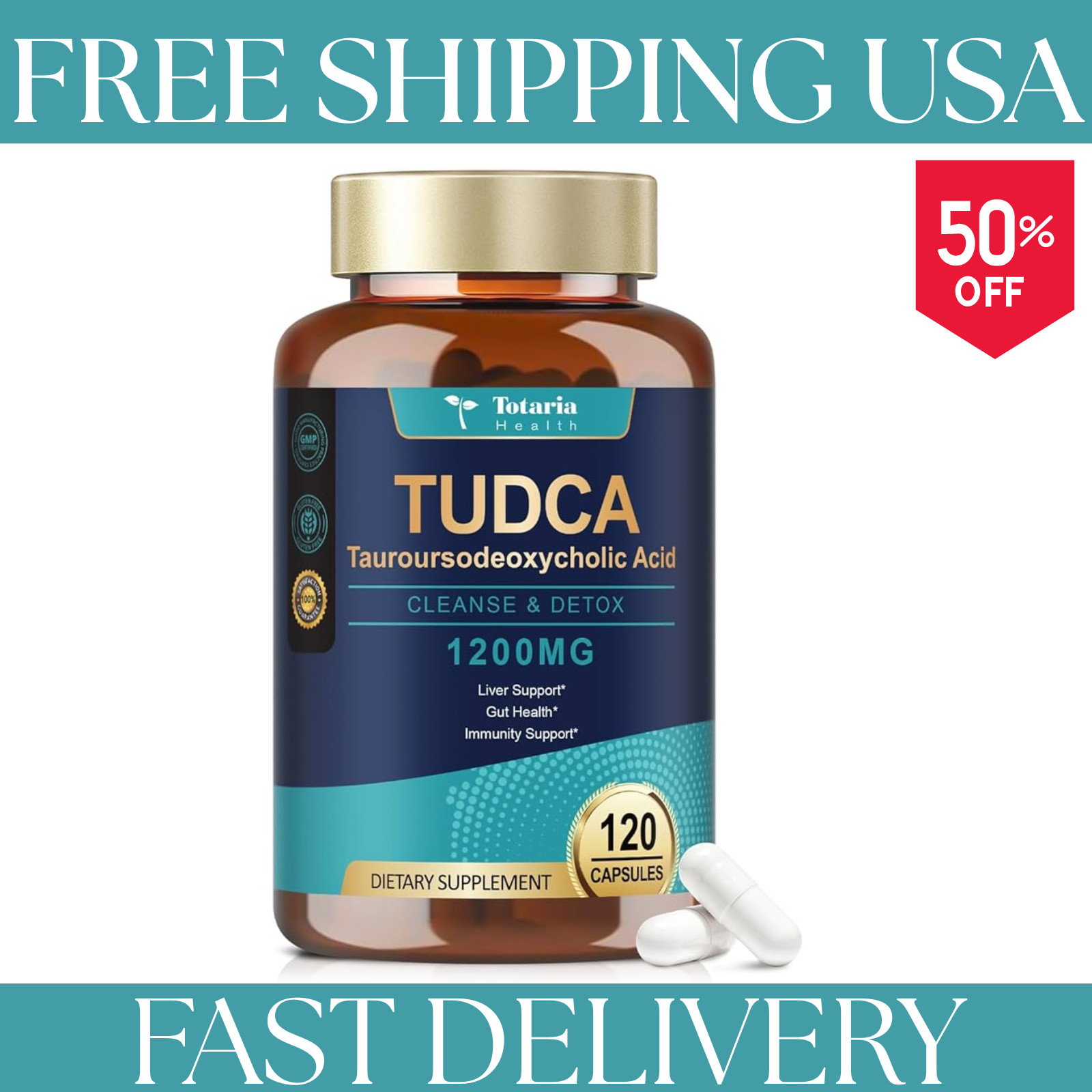 TUDCA Bile Salts (Tauroursodeoxycholic 1200mg Acid), Plant-Based Formula 120Caps