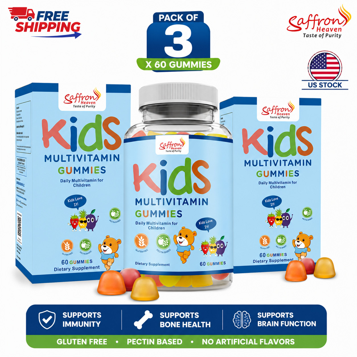 (PACK 3 )SAFFRON HEAVEN KIDS MULTIVITAMIN GUMMIES 60 COUNT | MIXED FRUIT FLAVOR