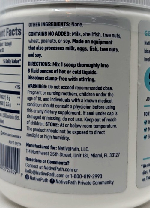 NativePath Joint Health Collagen Peptides 7.9oz 30 Servings Exp 12/2028 SEALED