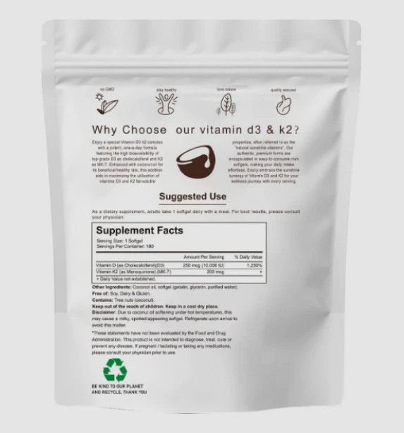 Vitamin D3 10000 iu Plus K2 (MK-7) 200 mcg, 300 Virgin Coconut Oil Softgels