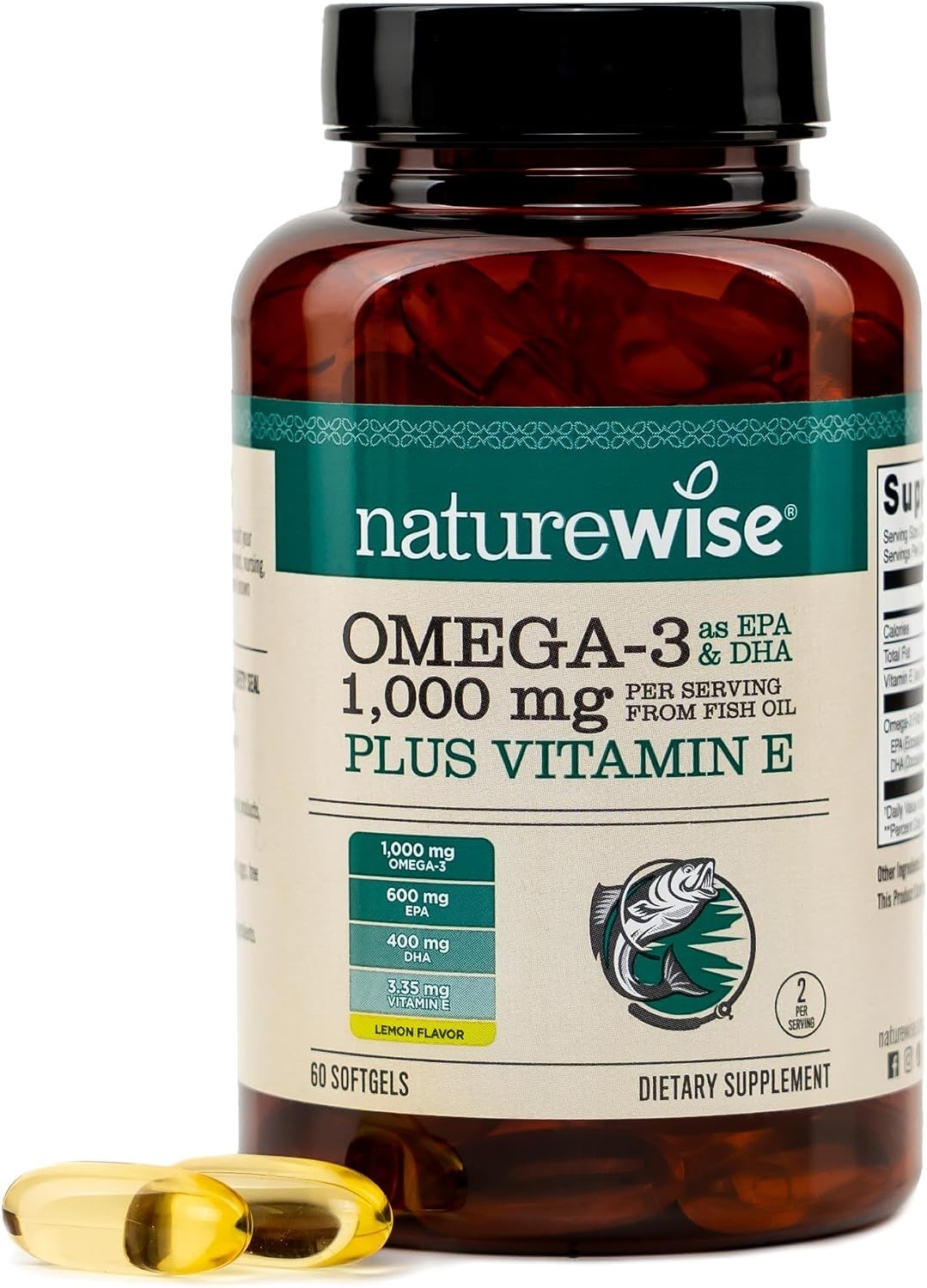NatureWise Extra-Strength Omega 3 Fish Oil Supplement – 1000mg per Serving – 600