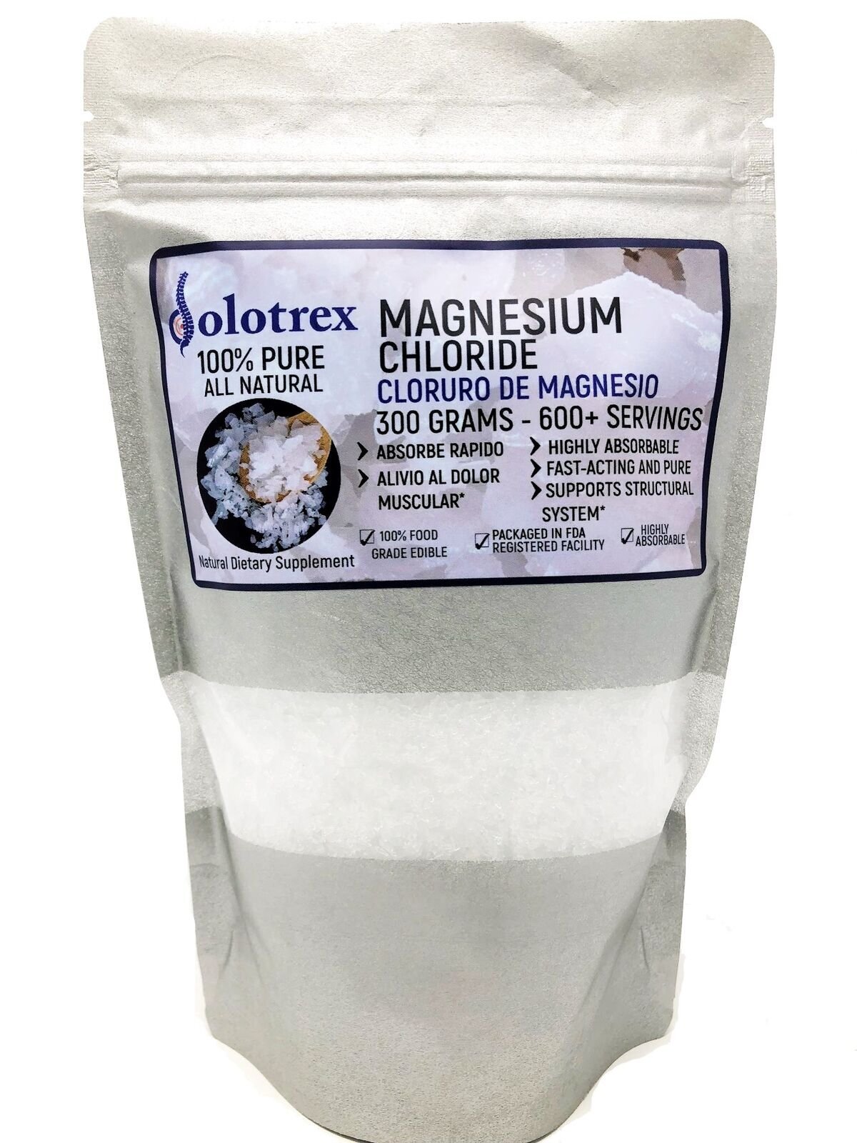 Cloruro de Magnesio 100% PURE Magnesium Chloride 300g Over 600 Servings 0.66 LBS