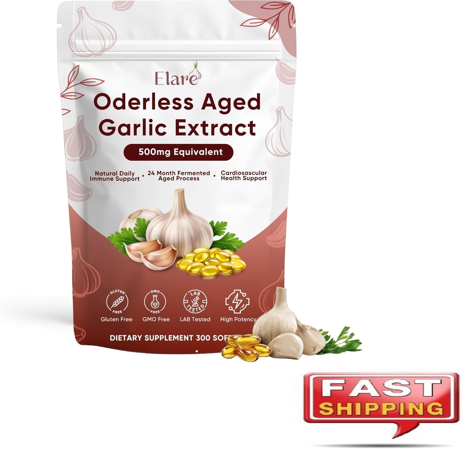Elare Aged Garlic Extract – 300 Softgels, 7500mg Odorless, 2-Year Matured, Suppo