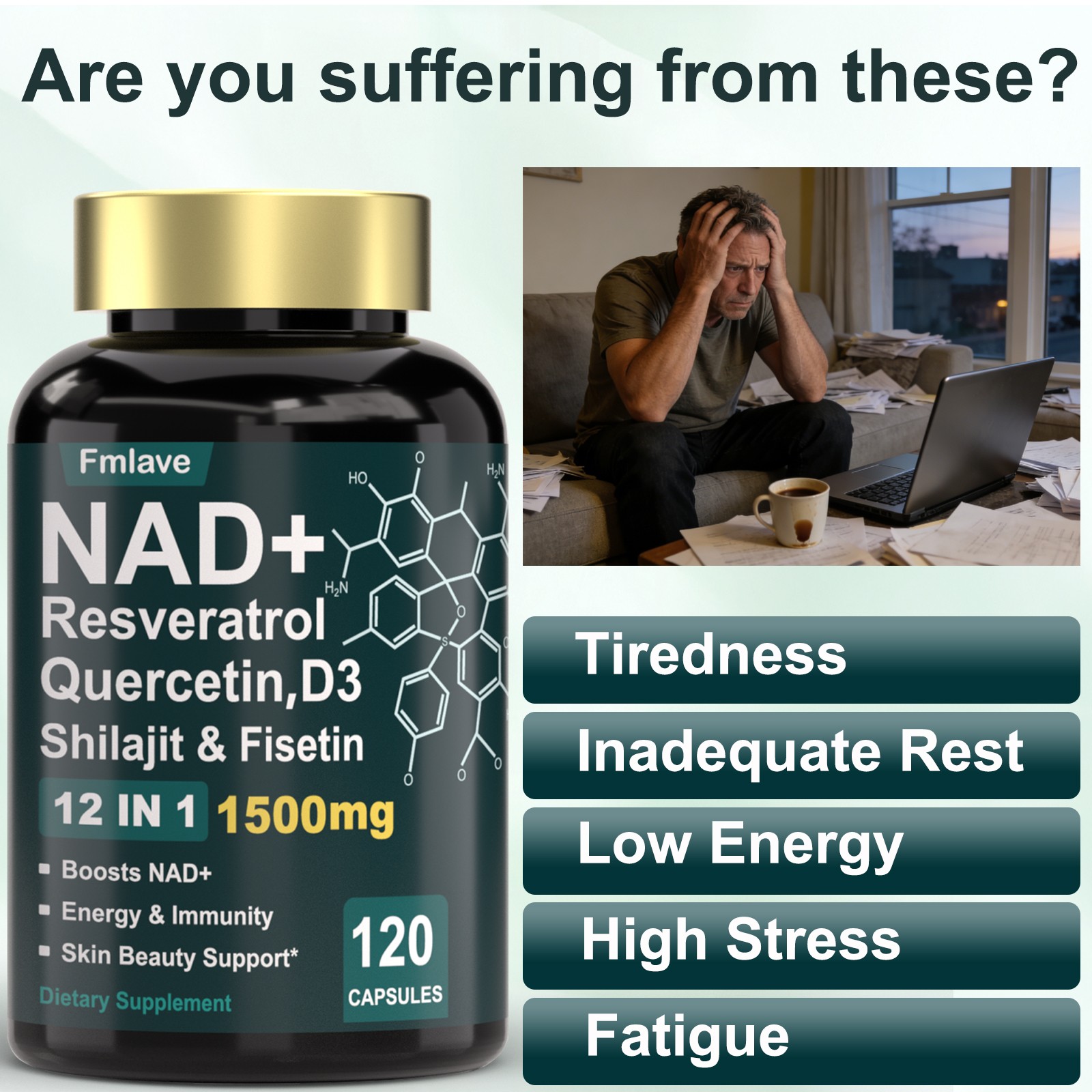 NAD+ Supplement 1500mg with Resveratrol | Cellular Health & Energy | 120 Caps US