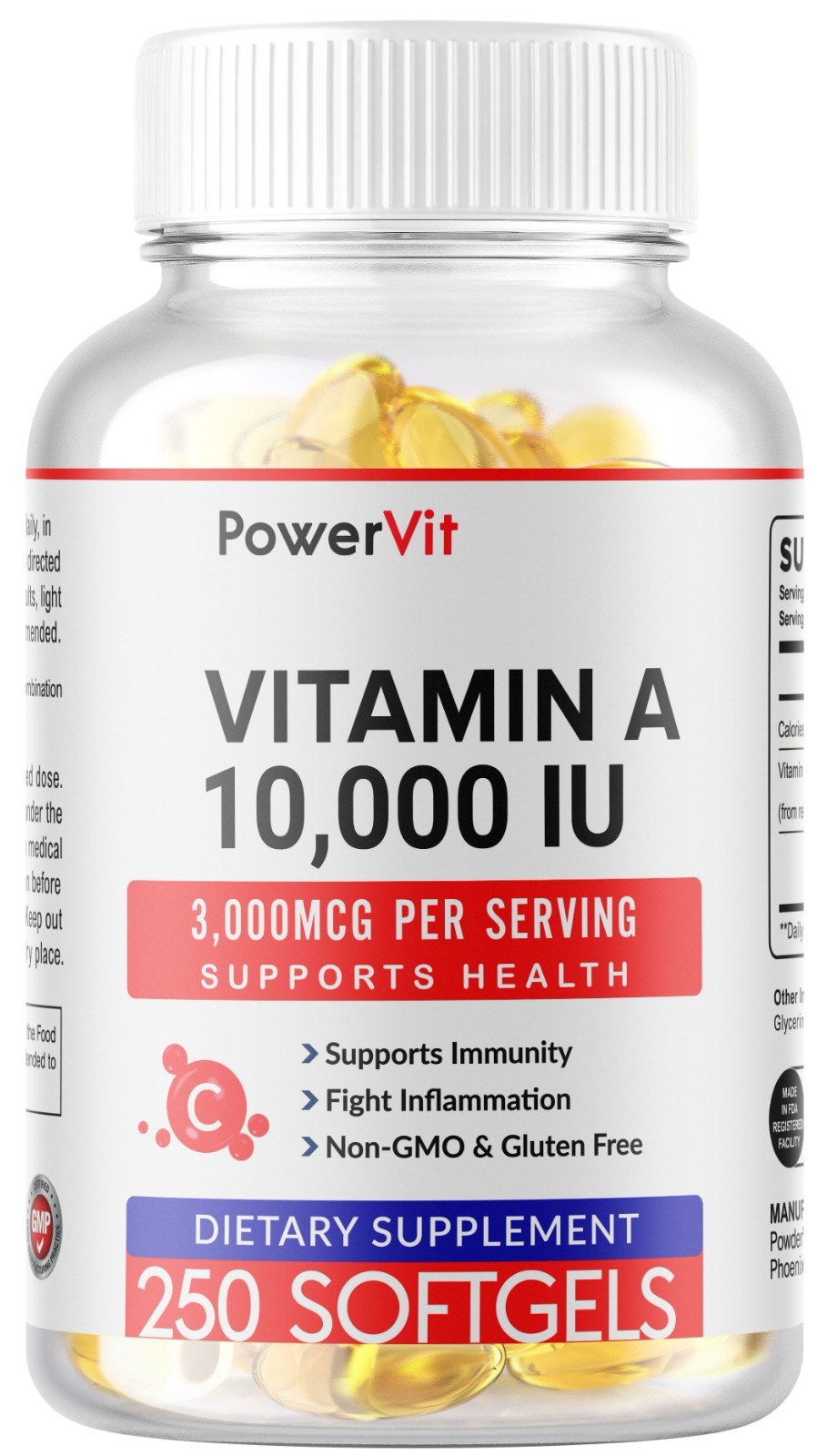 Vitamin A 10000 IU 250 Softgels Servings Gluten Free Non-GMO USA
