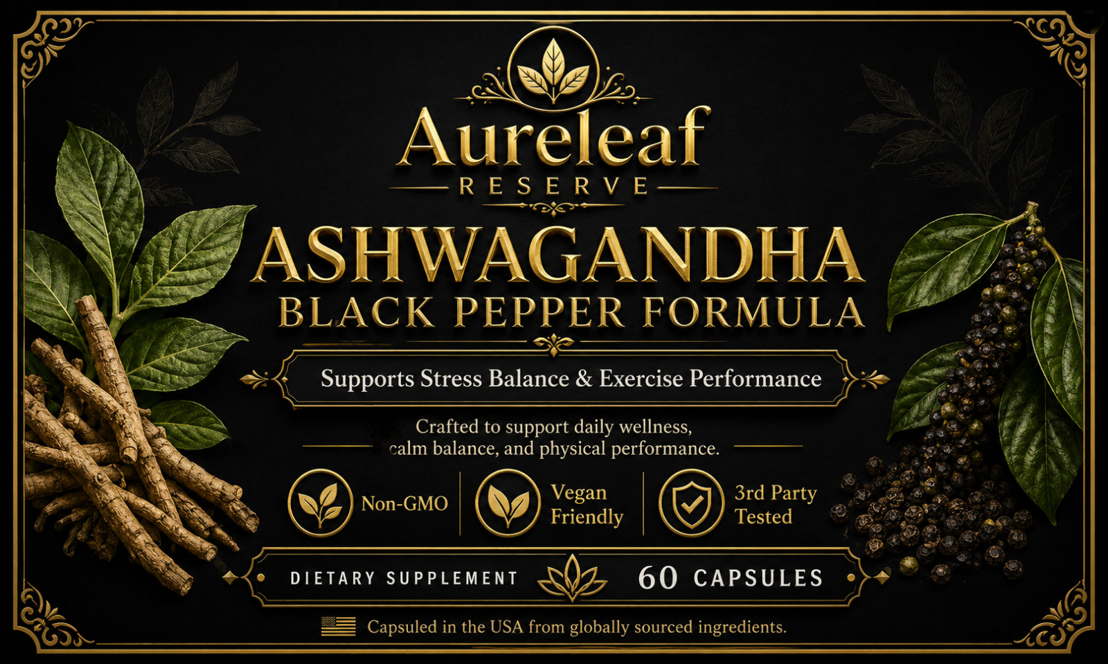 Ashwagandha Black Pepper Formula 60 Capsules Stress Support Vegan Non-GMO