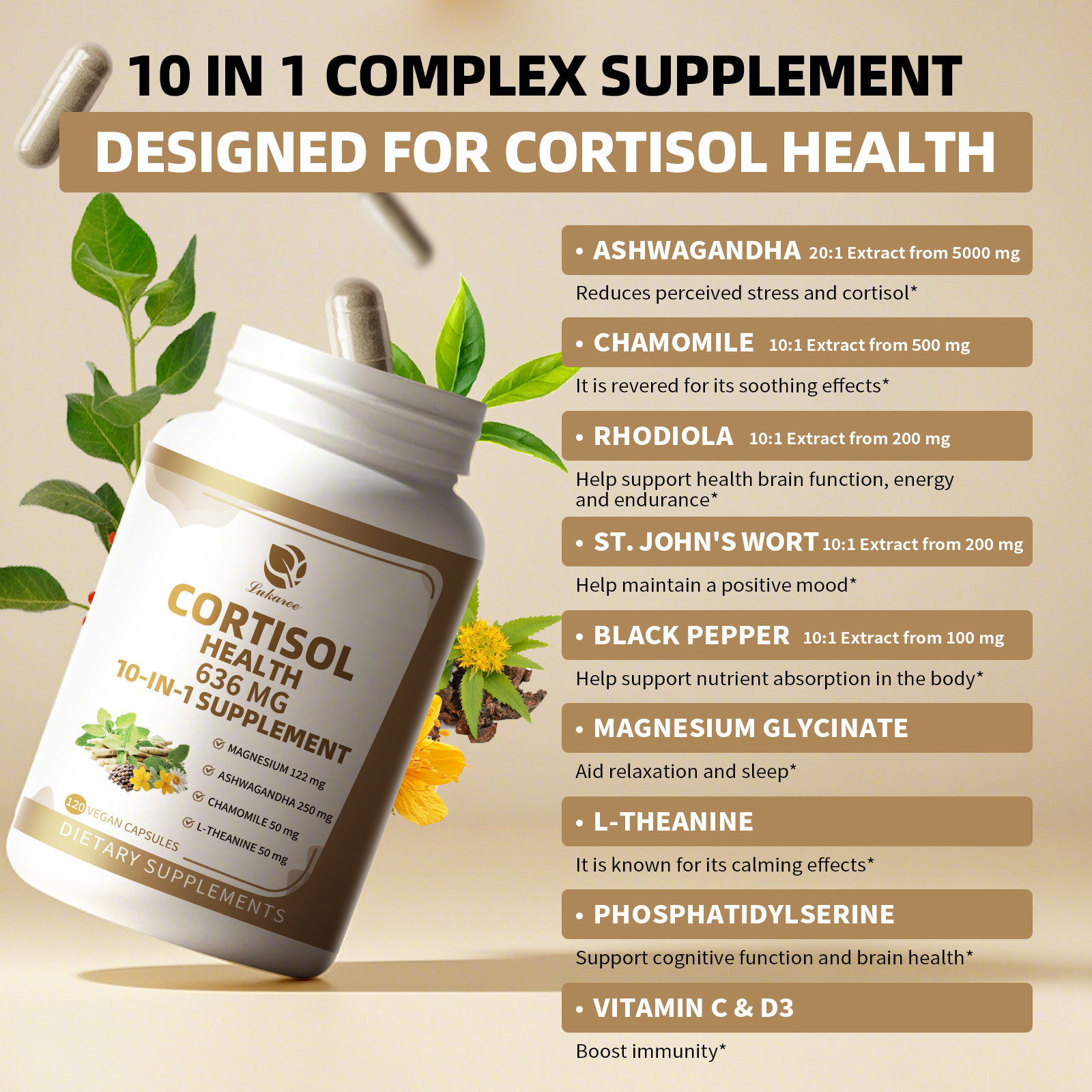 10-in-1 Cortisol Supplements with Magnesium, Ashwagandha, Chamomile, L-Theanine