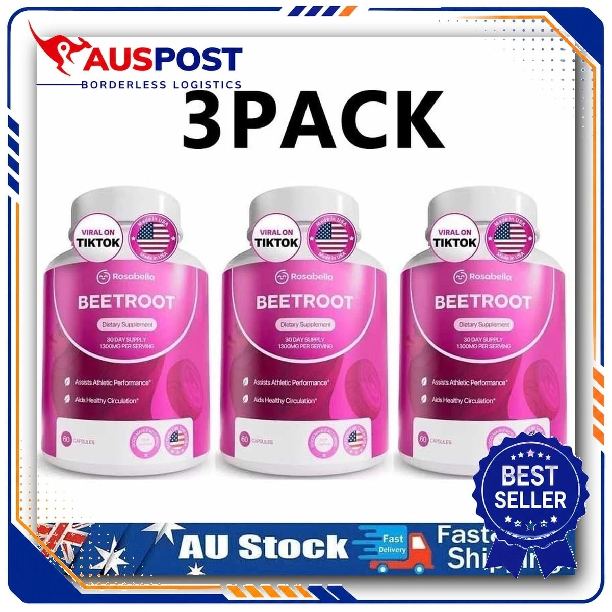 Rosabella Beet Root Powder Capsules 1300mg Supports Blood Pressure 3-Pack
