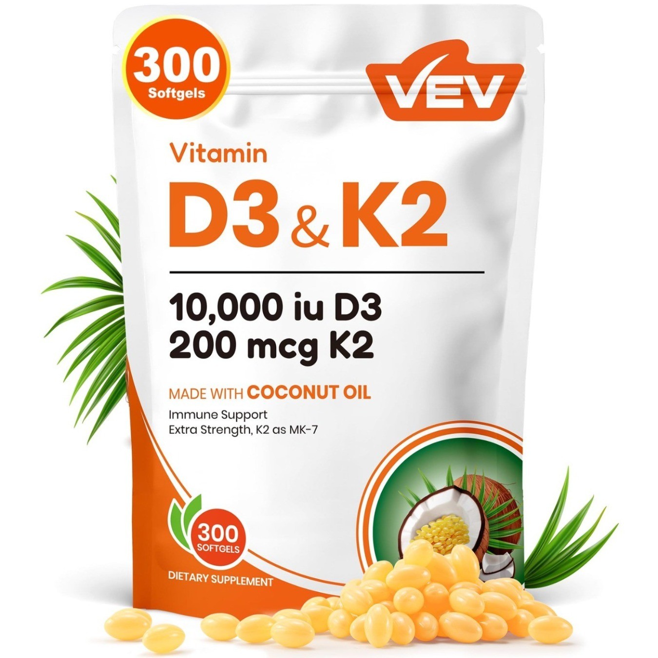 K2 Corefeel Vitamin D3 VEV 10,000 IU, 200 mcg MK-7, 300 Coconut Oil Softgels