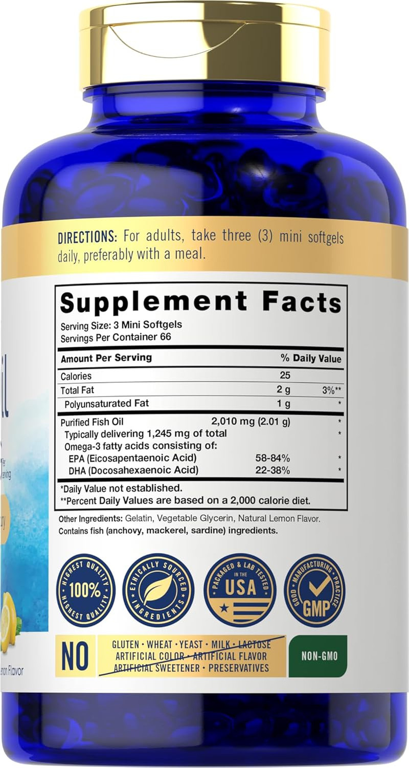 Mini Fish Oil Softgels 2010 Mg 200 Omega-3 Pills with EPA & DHA Non-Gmo & Gluten