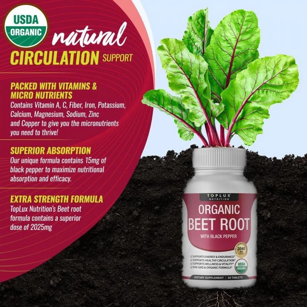 Toplux Organic Beet Root Tablets-Nitric Oxide Booster Beetroot Supplement 2040m+