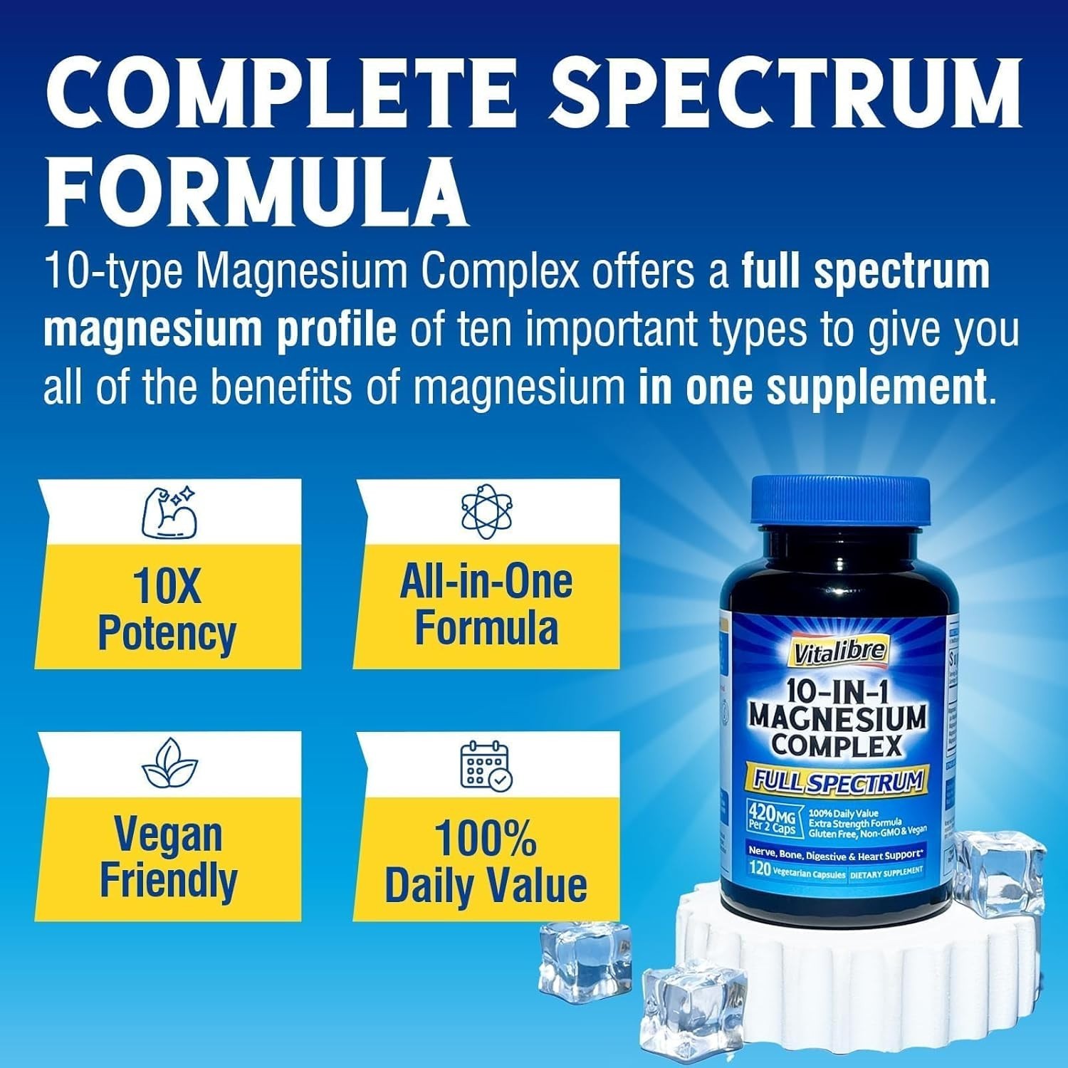 Vitalibre 10 in 1 Magnesium Complex, 420mg Elemental Magnesium | Ultra Strength,