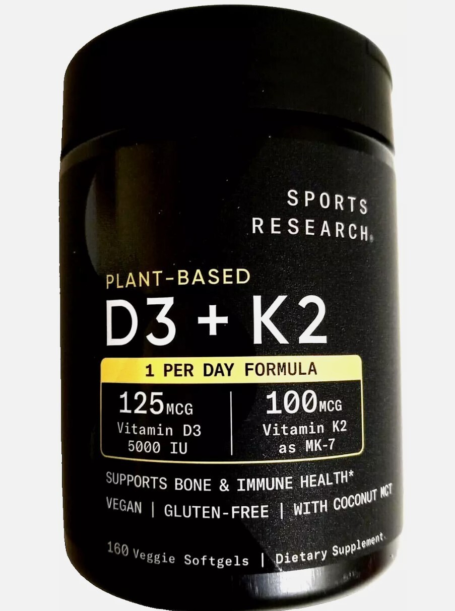 Sports Research Plant Based D3 (5,000 IU) + K2 (100 mcg)MK7 160 Gels EXP 08/2027