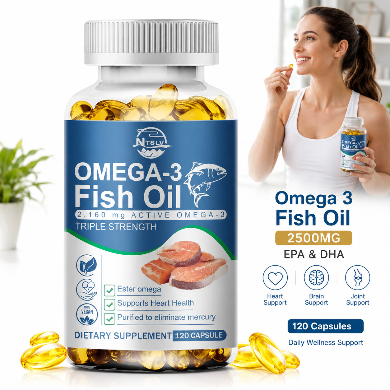 Omega 3 Fish Oil 2500mg 120ct EPA DHA High Potency Supplement