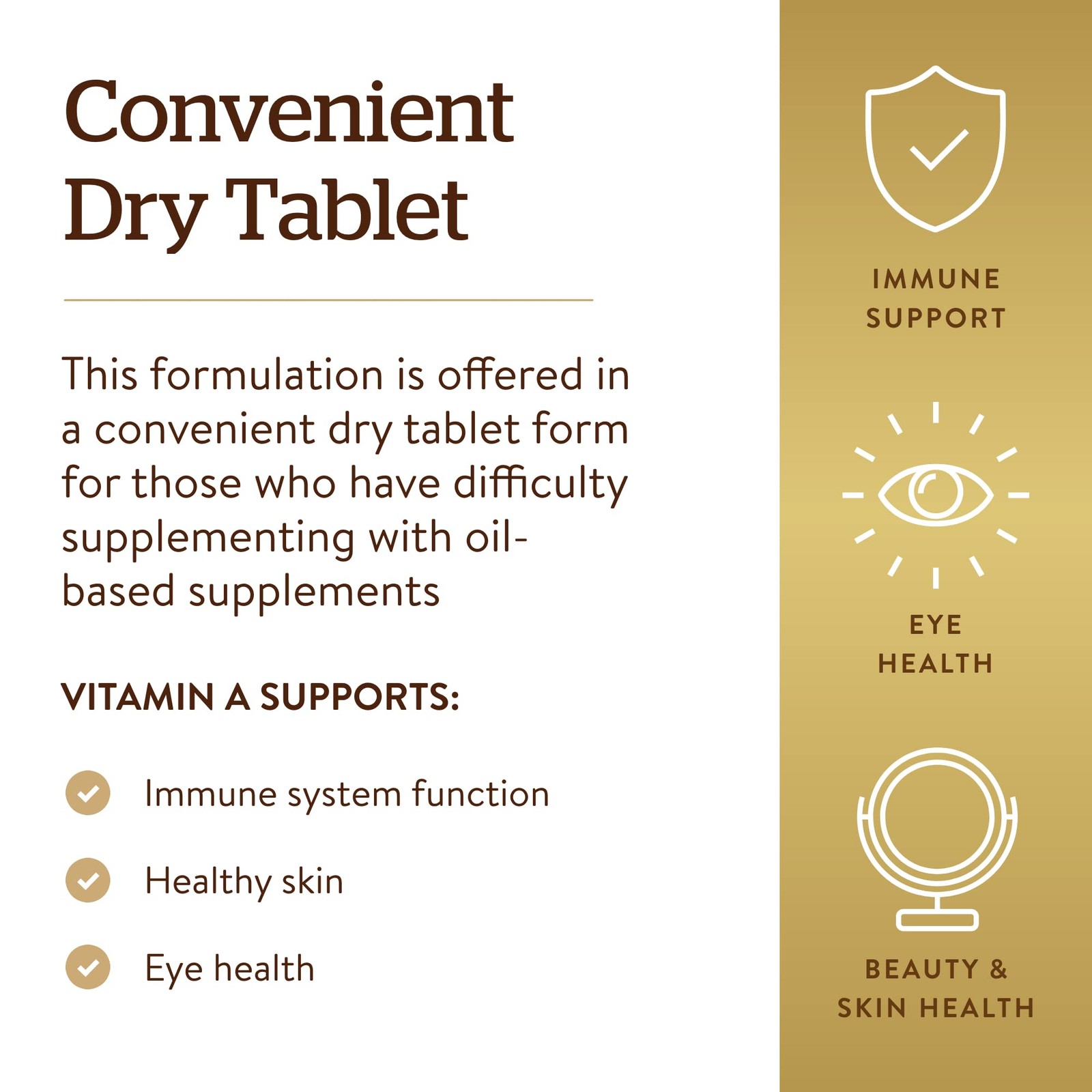 Solgar Dry Vitamin A 100 Count Oil Free Non GMO Vegan Immune Skin Eyes Health