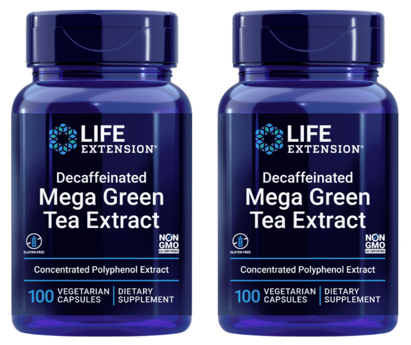 2 PACK Life Extension Decaffeinated Mega Green Tea Extract 100 Veg Capsules