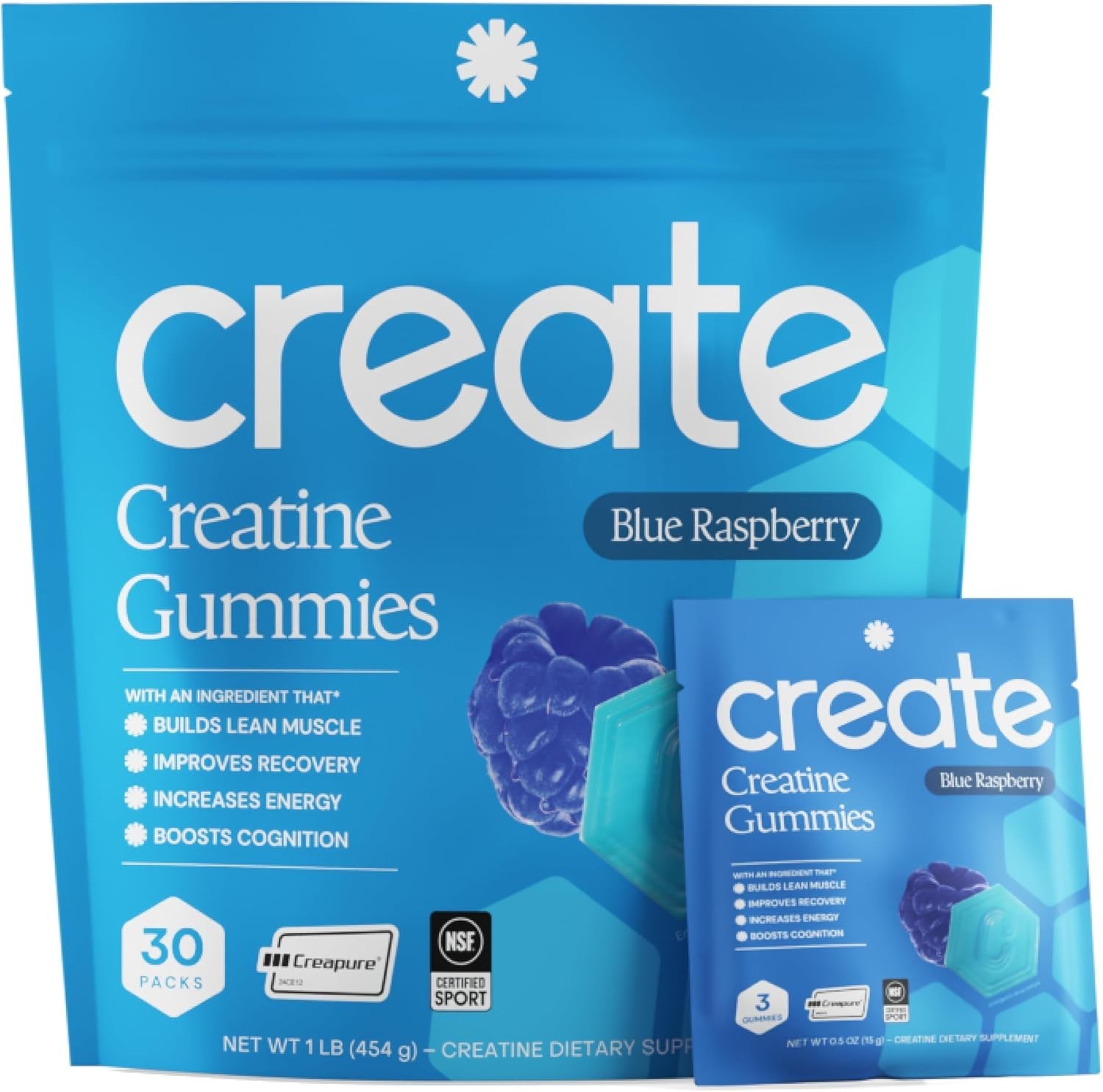 Create Creatine Gummies-Single-Serve Packs–Blue Raspberry Flavor–30ct