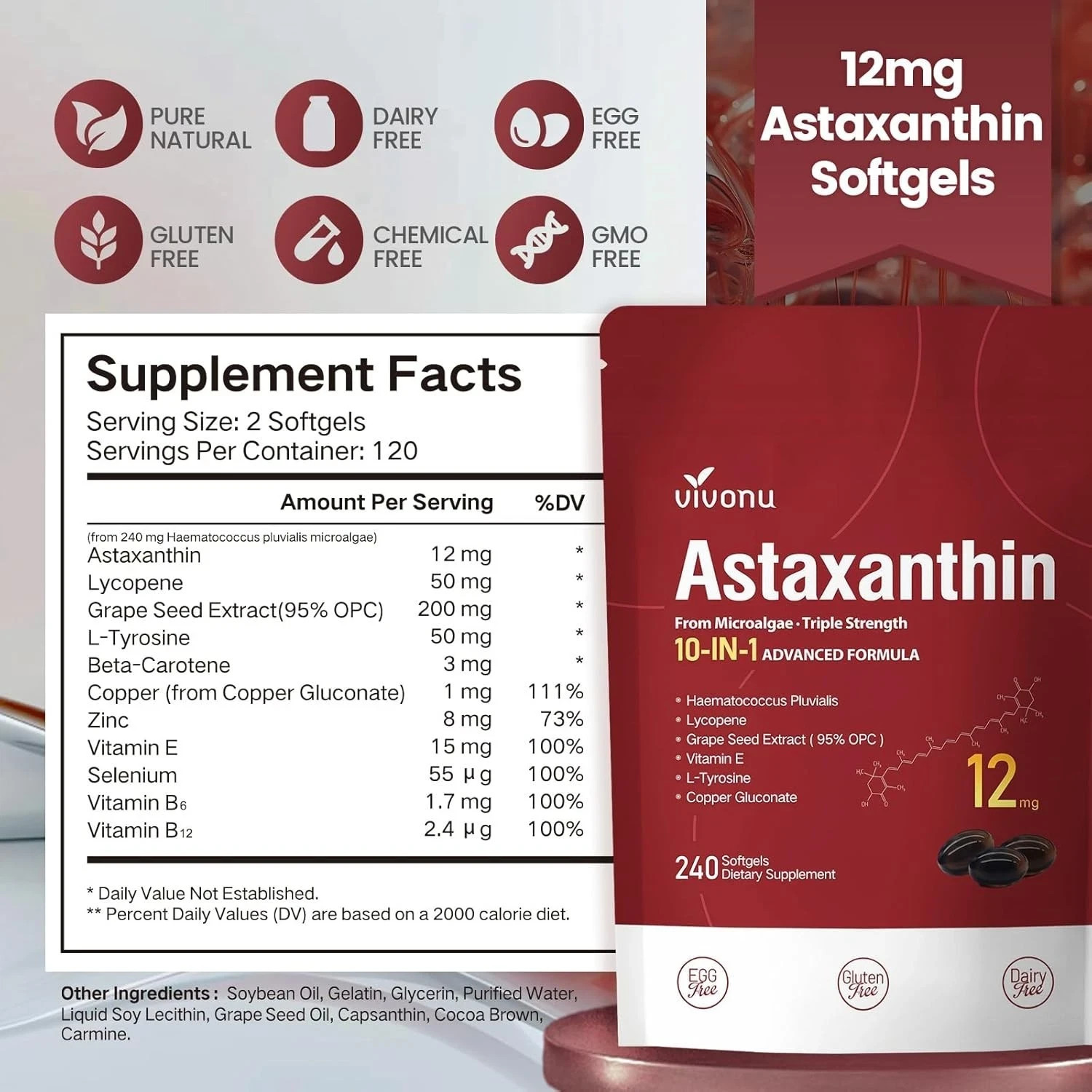 Astaxanthin 12mg 240 Softgels, 4 Month Supply,Triple Strength,Non-GMO,Eye Health