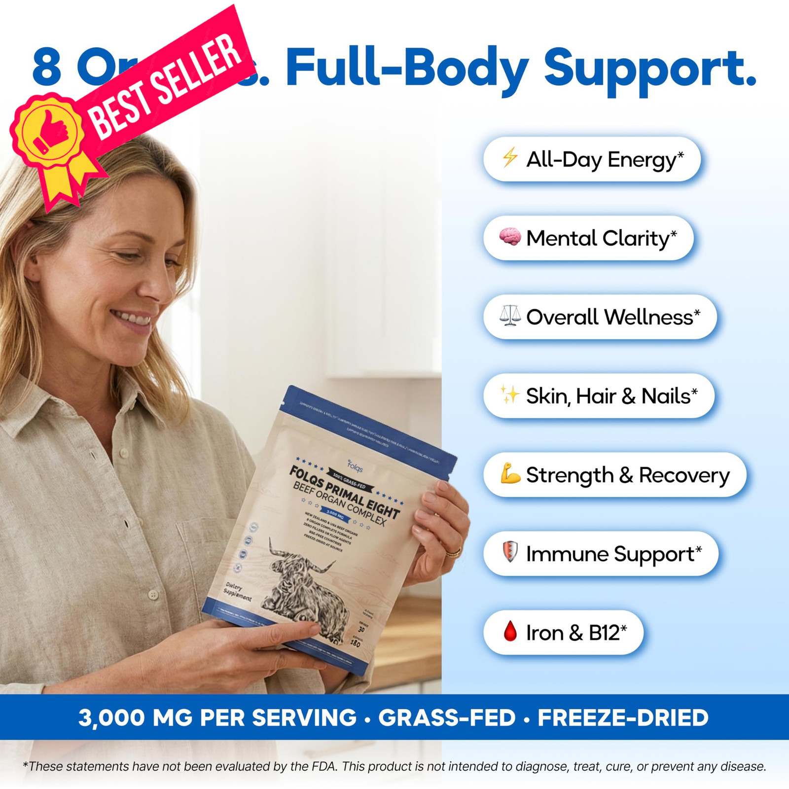 Folqs Grass Fed Beef Organ Supplement 3000mg (8 Organs) – 1 Count (Pack of 1)