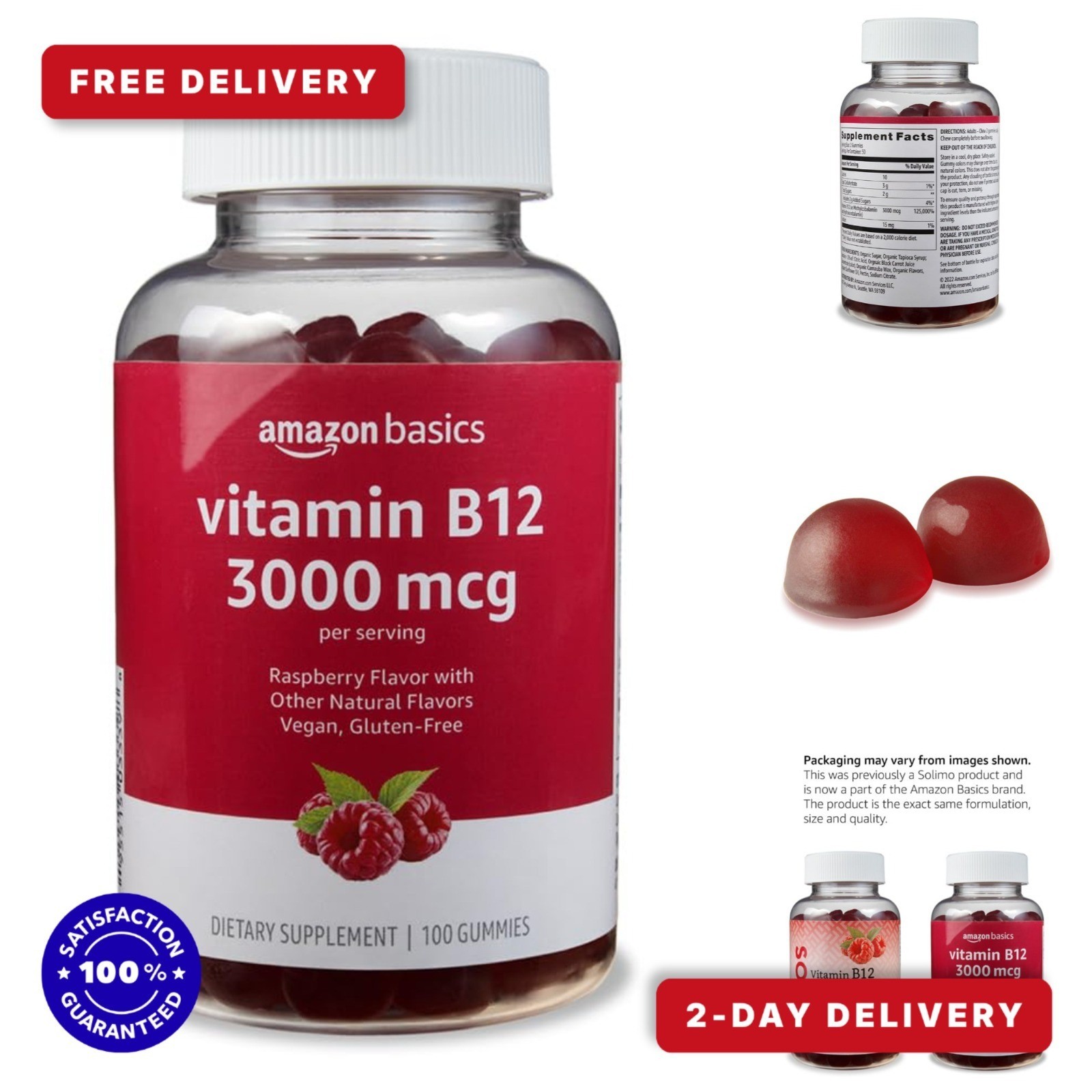 Amazon Basics Vitamin B12 Gummies 3000 mcg – 100 Count – Raspberry Flavor