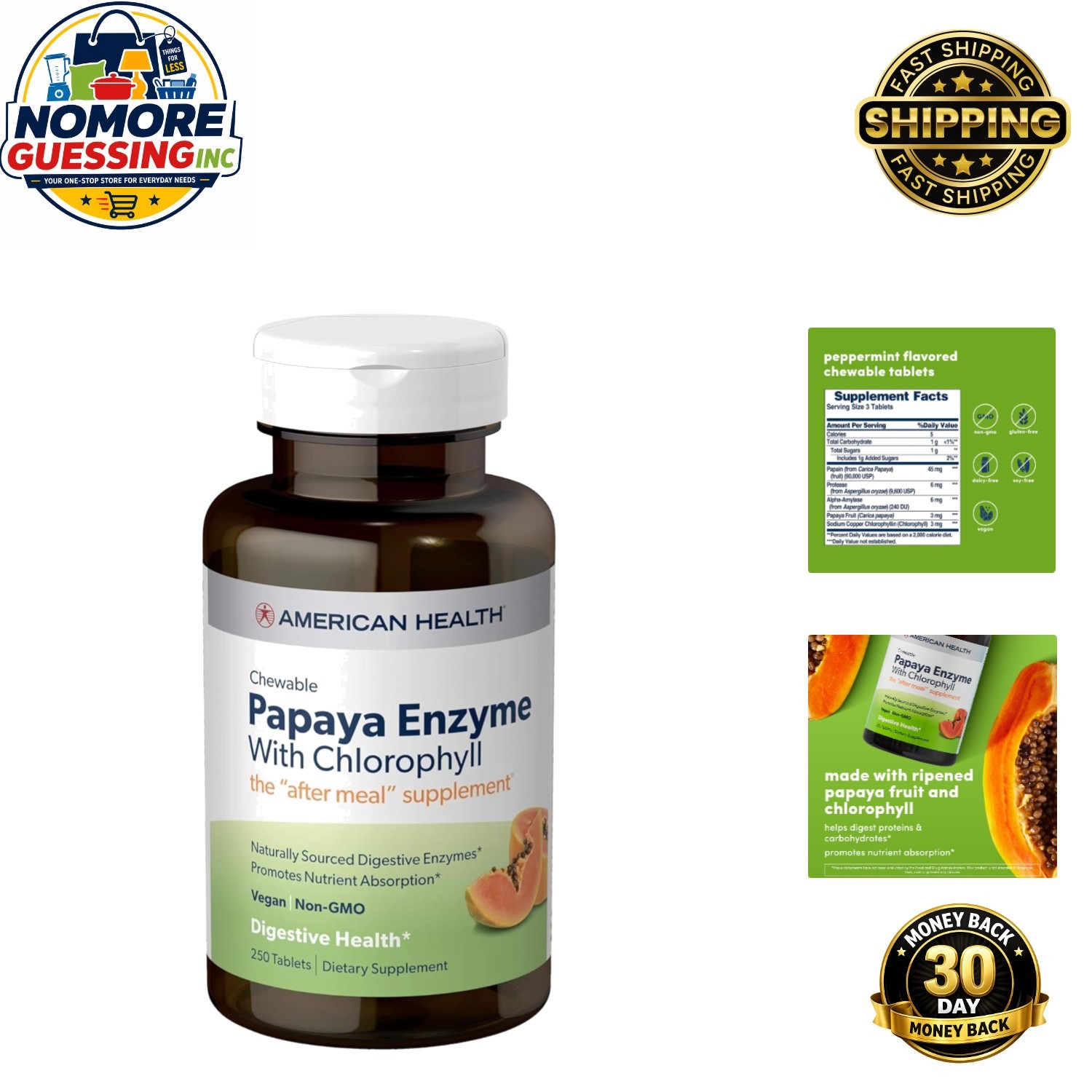Natural Papaya Enzyme & Chlorophyll, 250 Chewable Tablets for Digestive Support