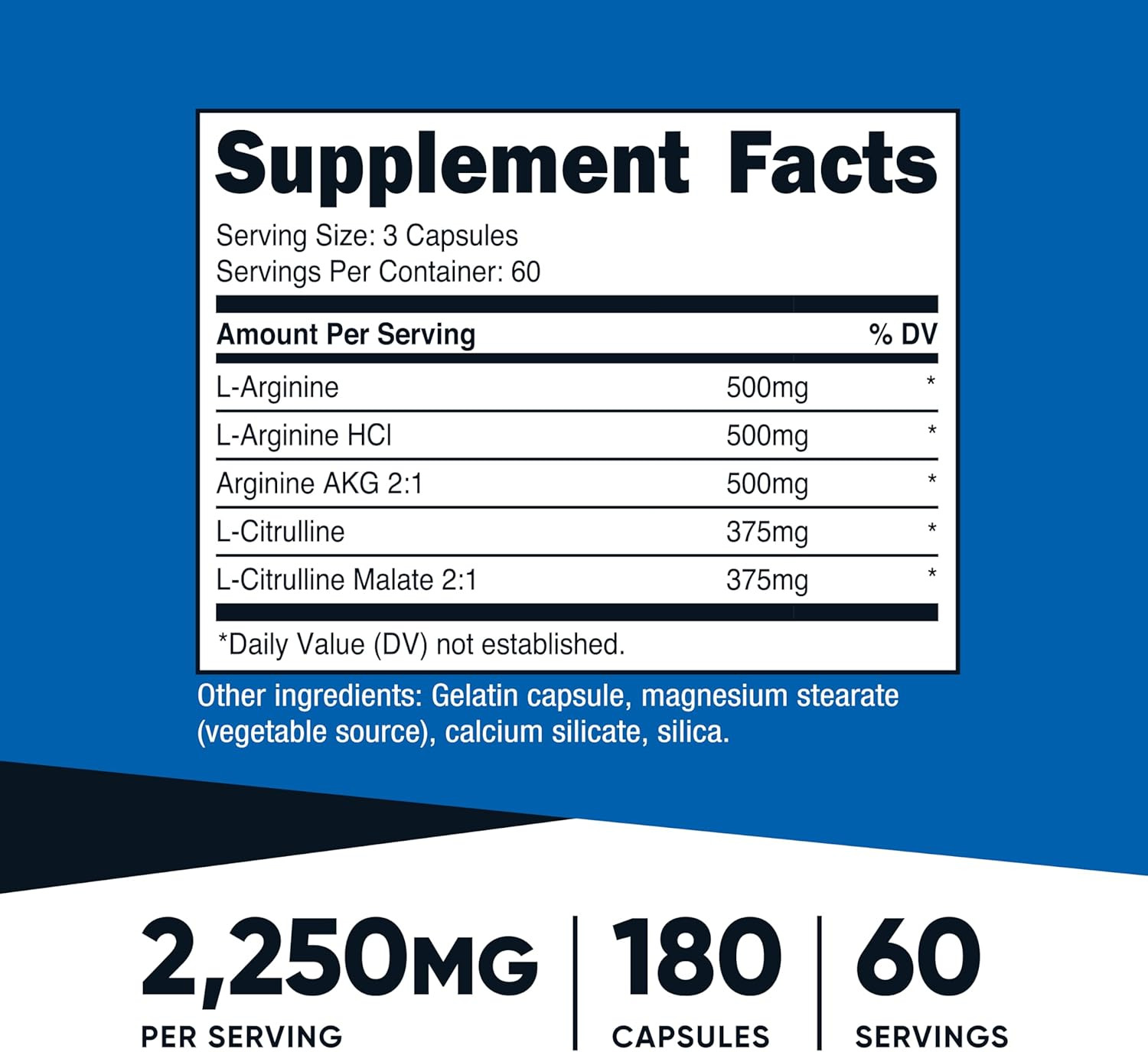Nitric Oxide Booster 2250Mg, 180 Capsules – 750Mg per Casule, 60 Servings – Glut