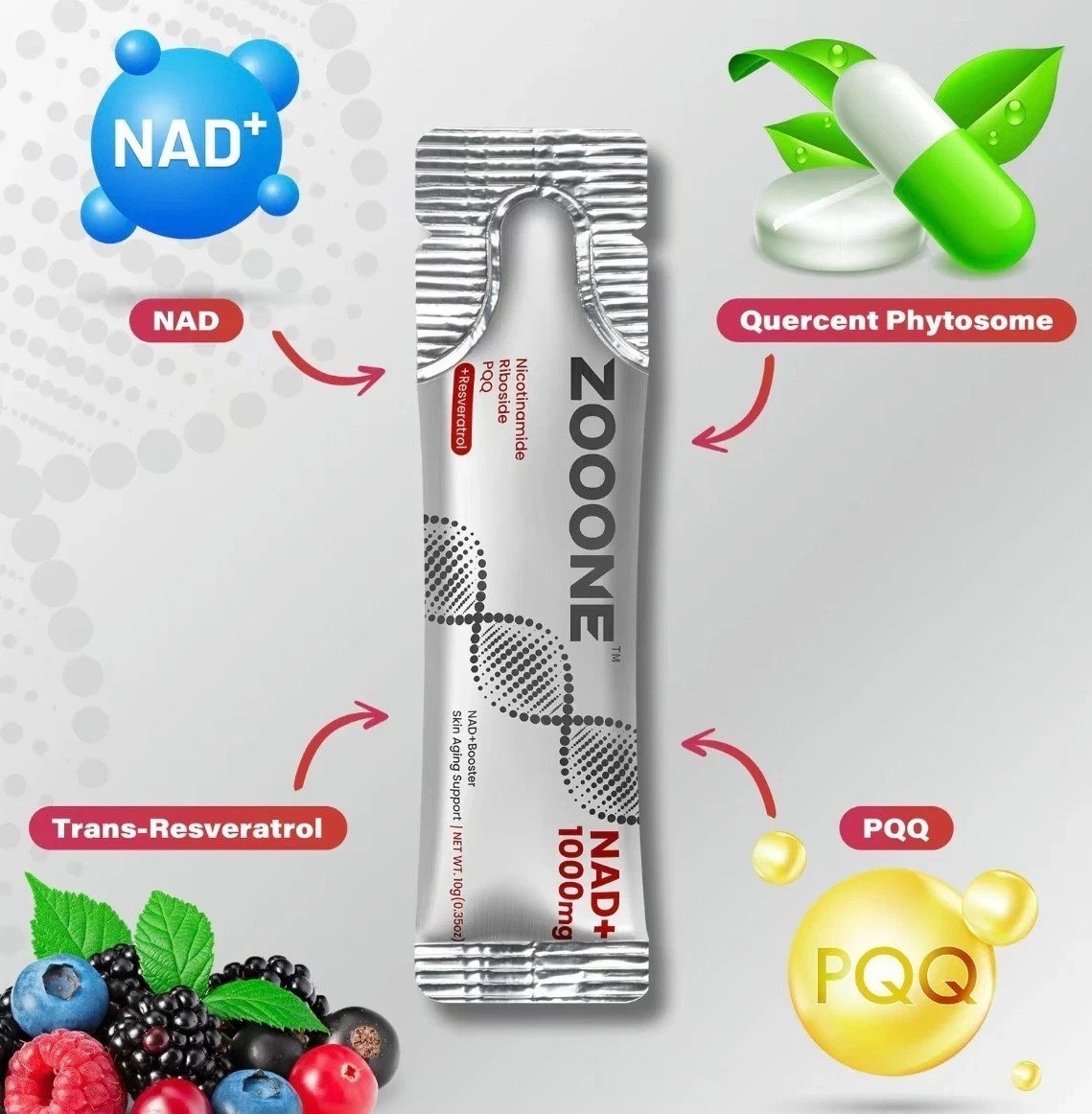 ZOOONE NR1000 NAD+ Drink Mix – Berry Flavor, Energy & Skin Support, 30 Pack