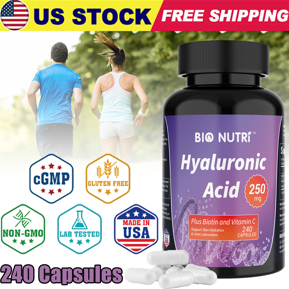 Hyaluronic Acid Capsules + Vitamin C Biotin 250mg 240 Capsules Skin Hydration US