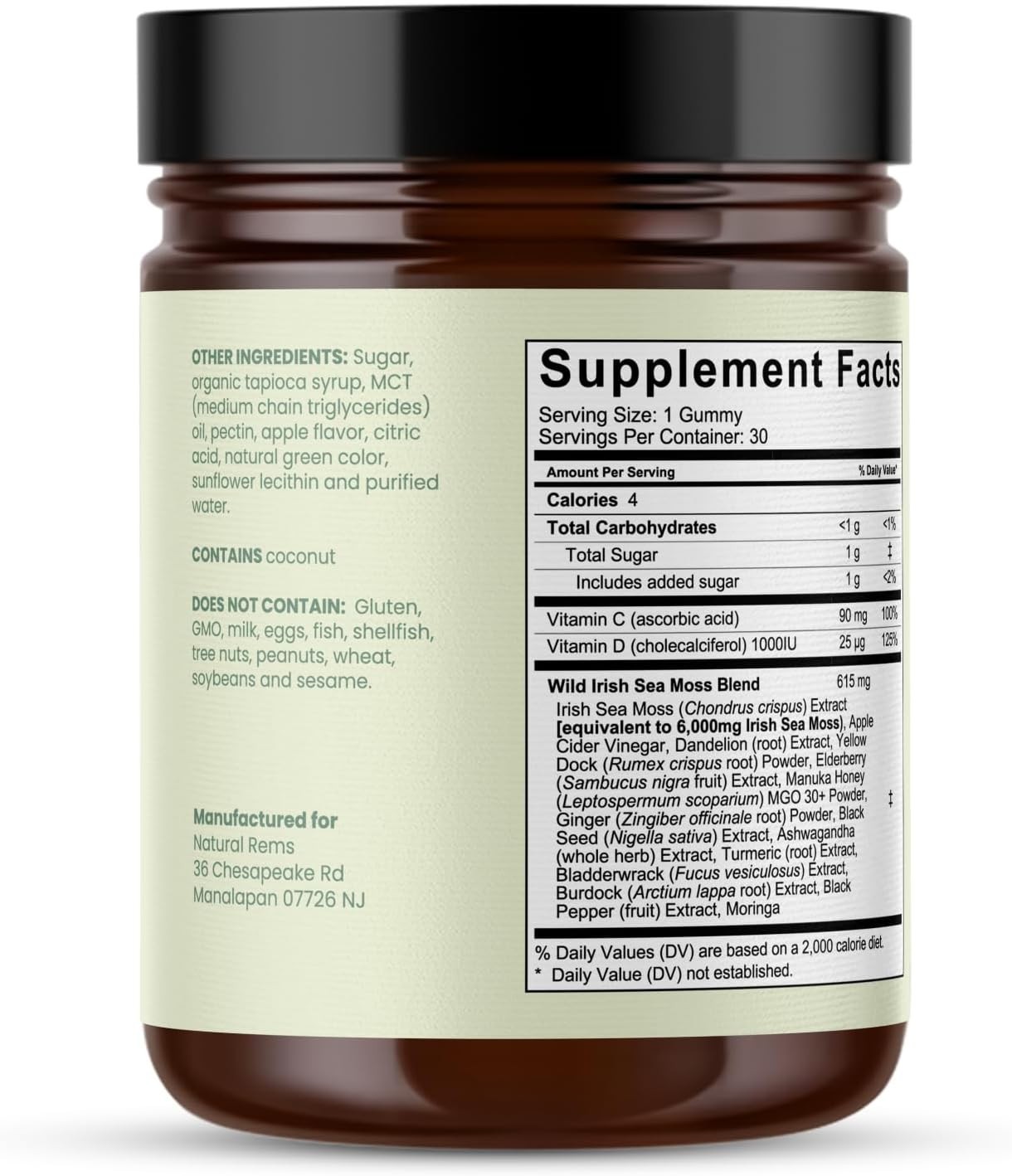 Natural Rems Sea Moss Gummies 16-in-1 w/ Ashwagandha Black Seed Green Apple