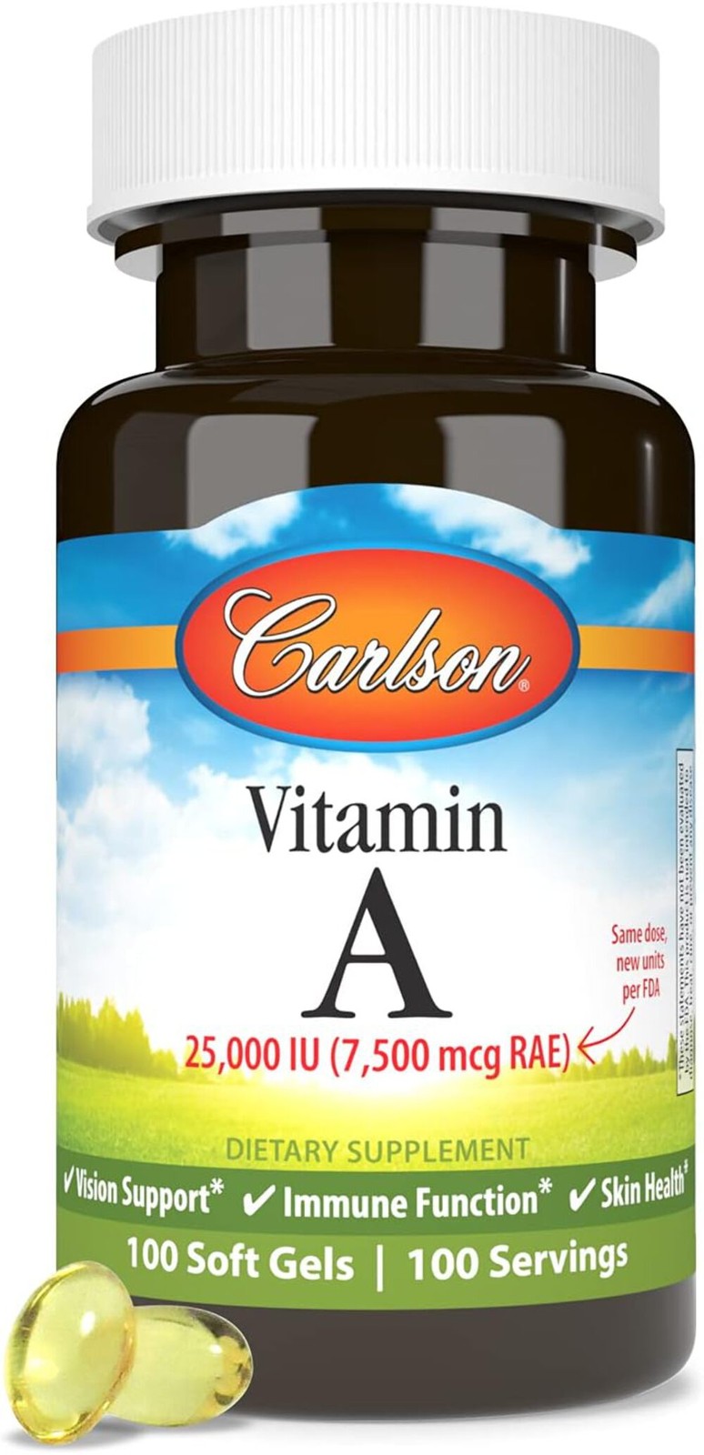 Carlson – Vitamin A 25000 IU, Vision, Skin Health, Immune Function, 100 Softgels