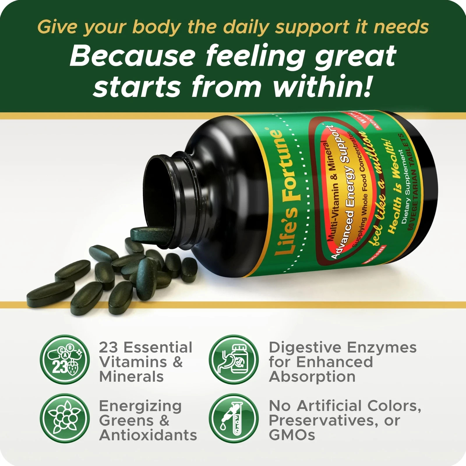 Life’s Fortune Multivitamin & Mineral 60 Tablets All Natural Energy Source Su…