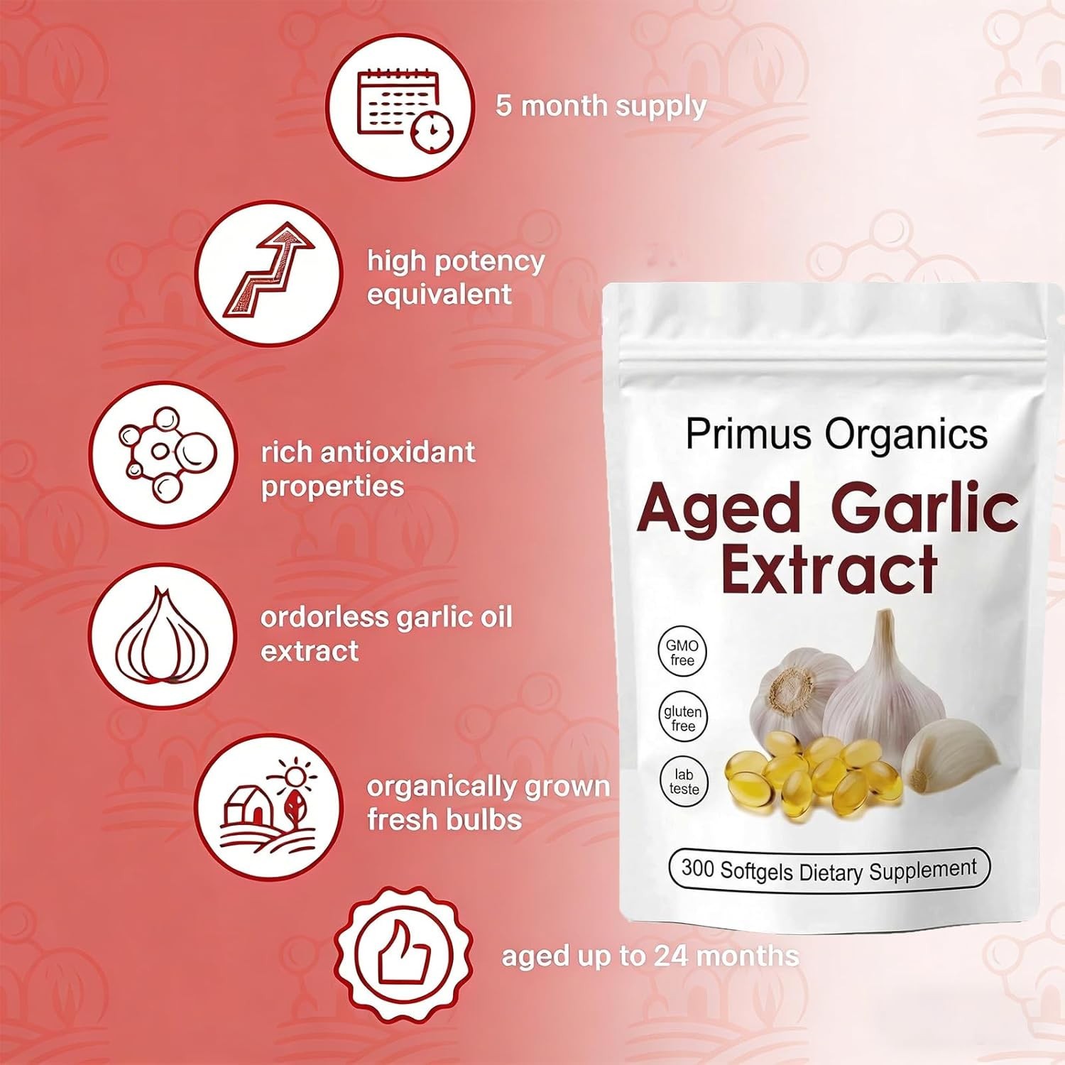 Primus Aged Garlic Extract Softgels 24 Odorless All-Natural Vegetarian 300 C…