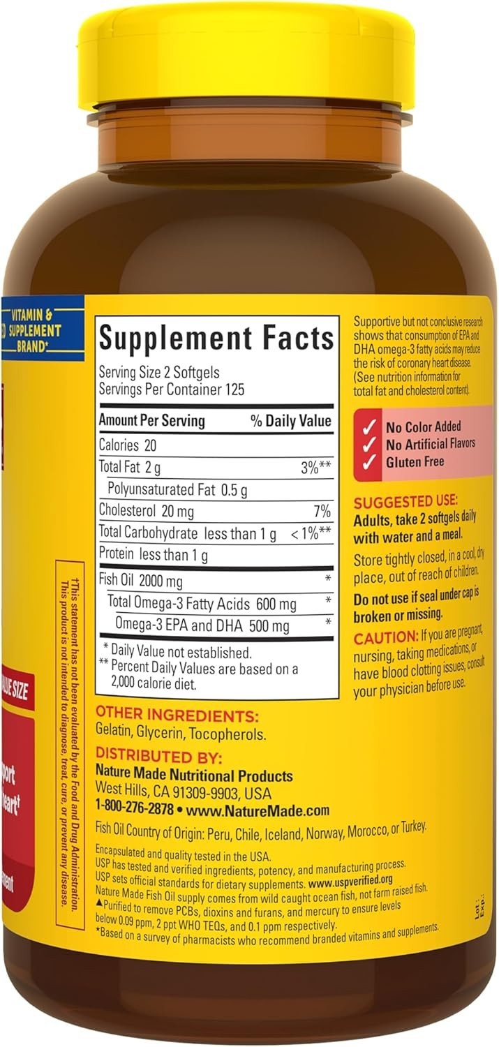 Fish Oil Omega 3 Supplements – 1000mg Softgels, 250 Count, Heart Support