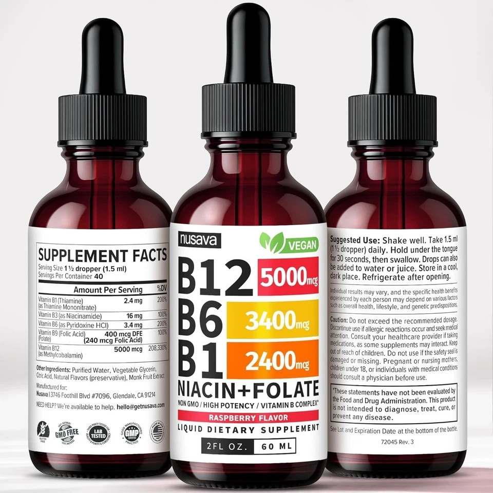 NUSAVA Vitamin B12 Drops – 3 Pack – 5000mcg – Raspberry – 80 Servings+*