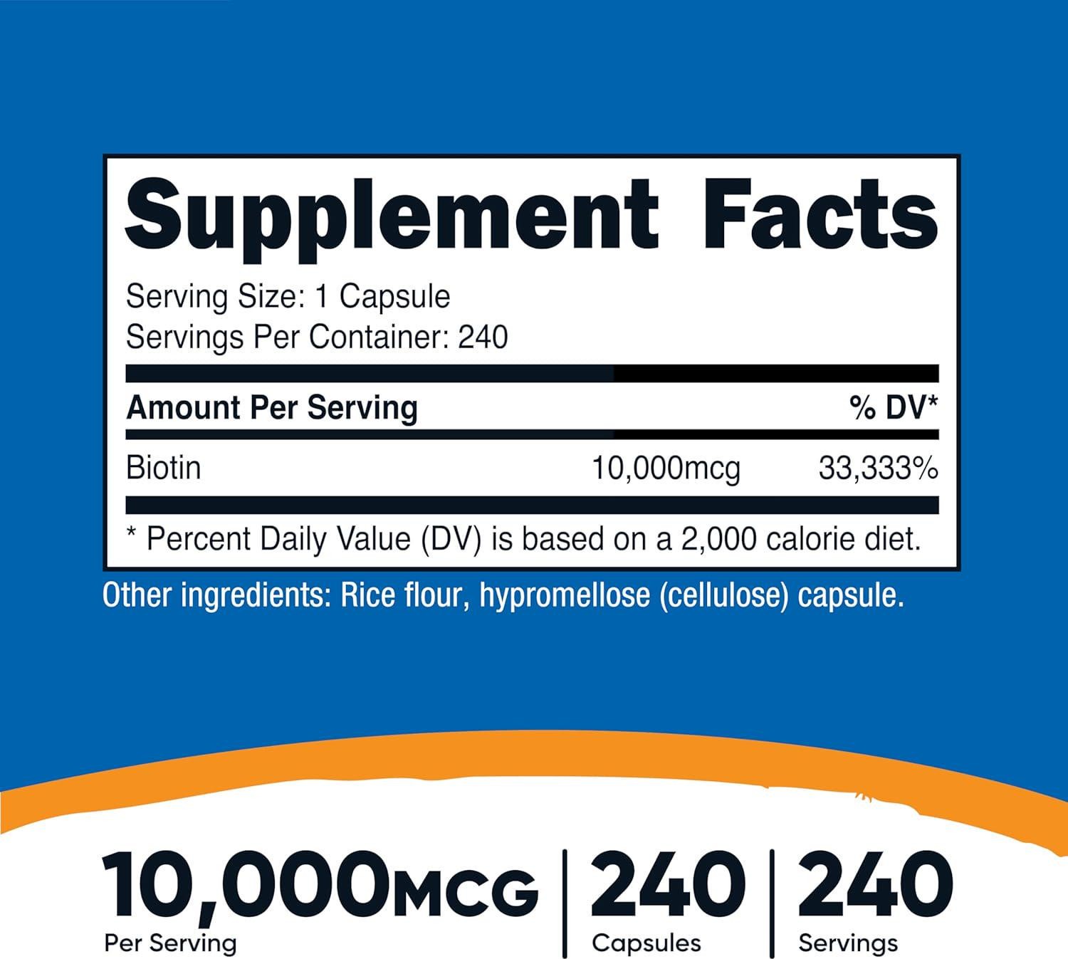Nutricost Biotin (Vitamin B7) 10,000mcg (10mg) Vitamin Supplement, 240 Capsules