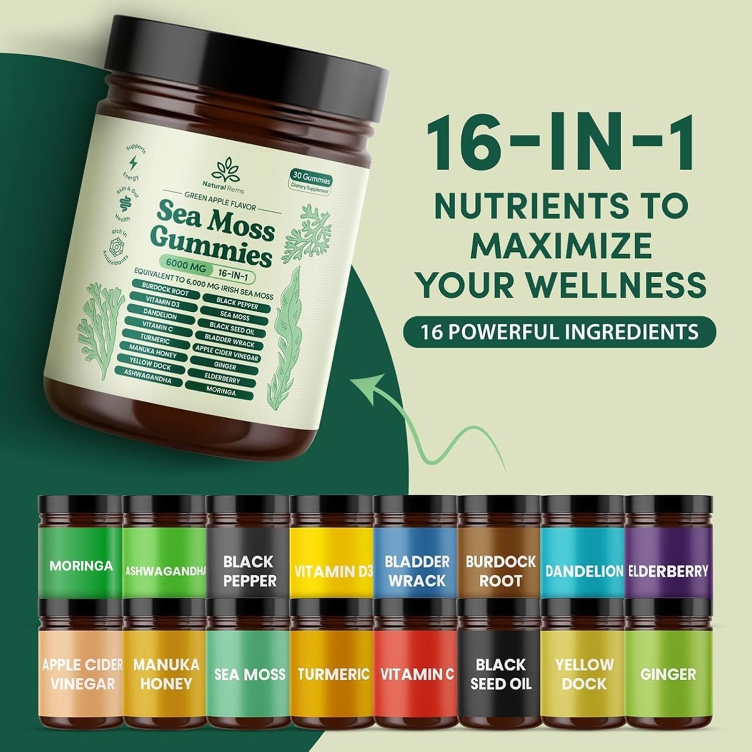 Natural Rems Sea Moss Gummies 16-in-1 w/ Ashwagandha Black Seed Green Apple