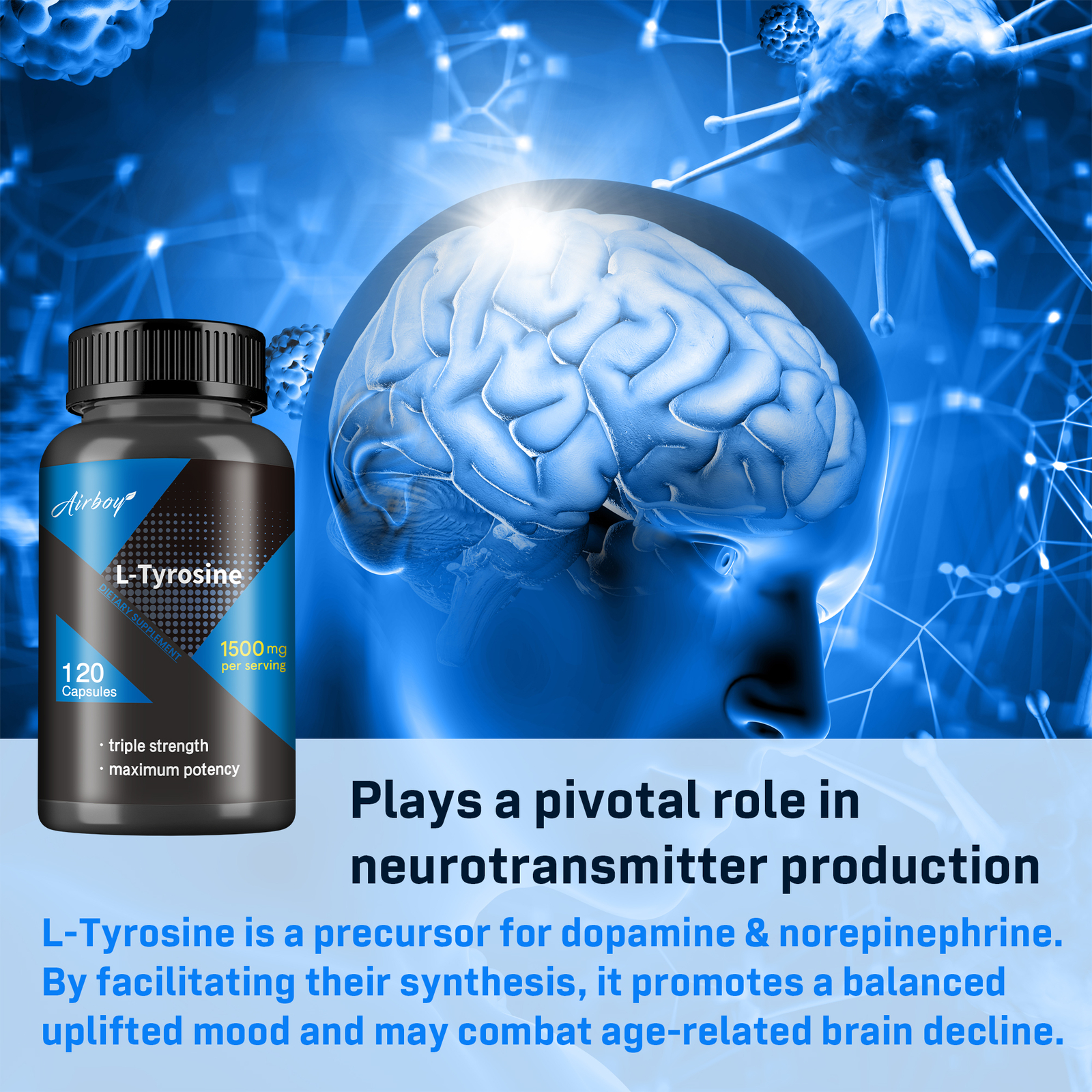 L-Tyrosine 1500mg – Brain Health Memory & Cognitive Support, Alertness, Non-GMO