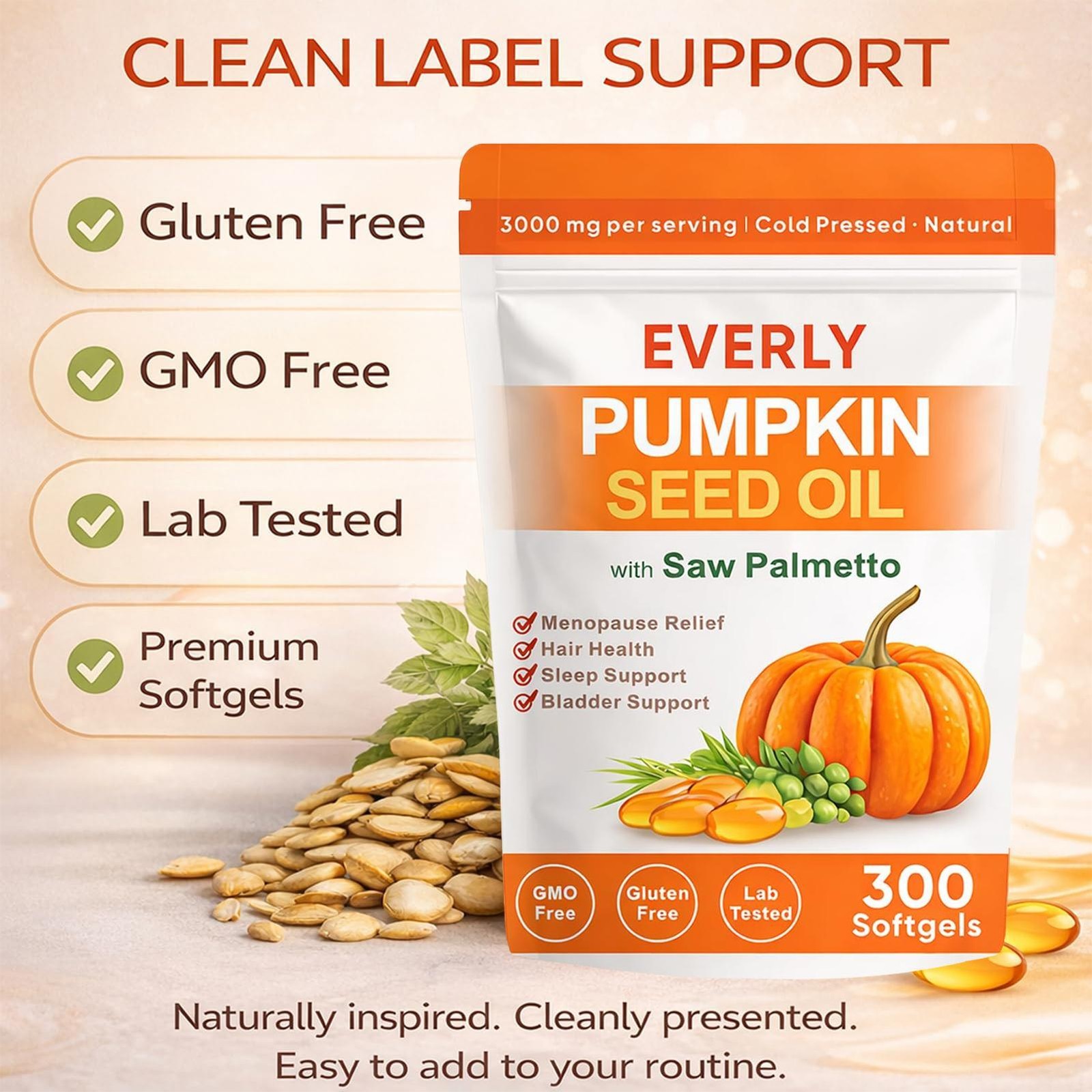 Everly Cold Pressed Pumpkin Seed Oil with Saw Palmetto, 300 Softgels