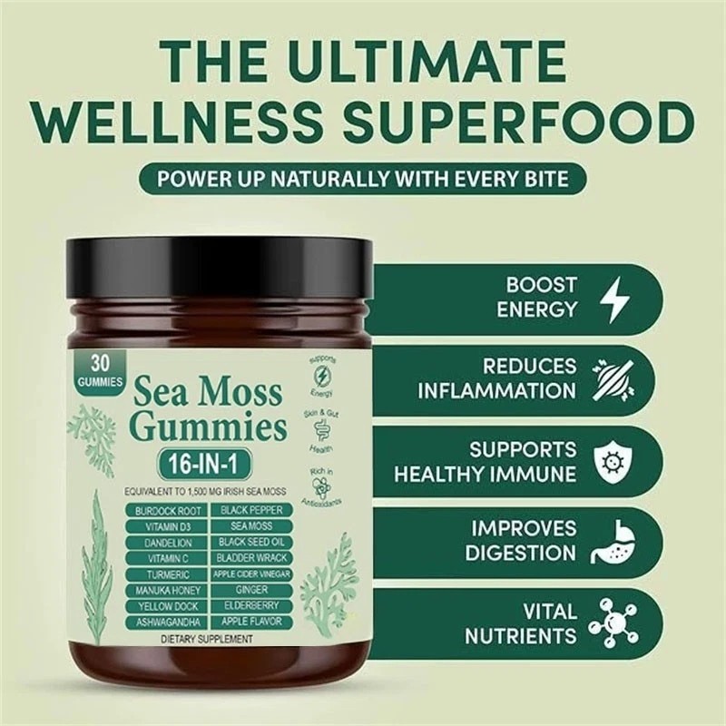 16 in 1 Organic Sea Moss Gummy | Irishmoss Extract 6000Mg | Green Apple Flavor