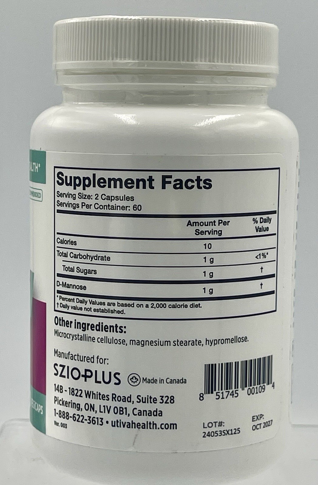 Utiva D-Mannose 120 Capsules Easy to Swallow Urinary Support EXP 10/2027