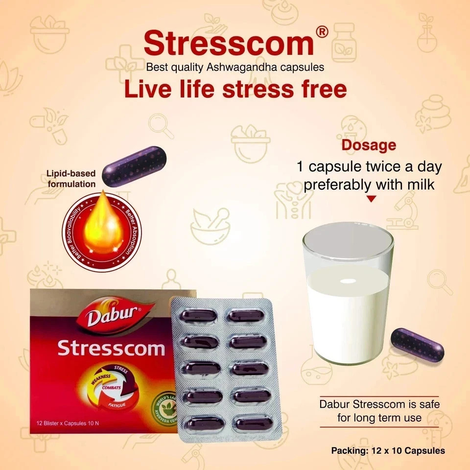 Dabur Stresscom Capsules 120 Caps | Fast Shipping