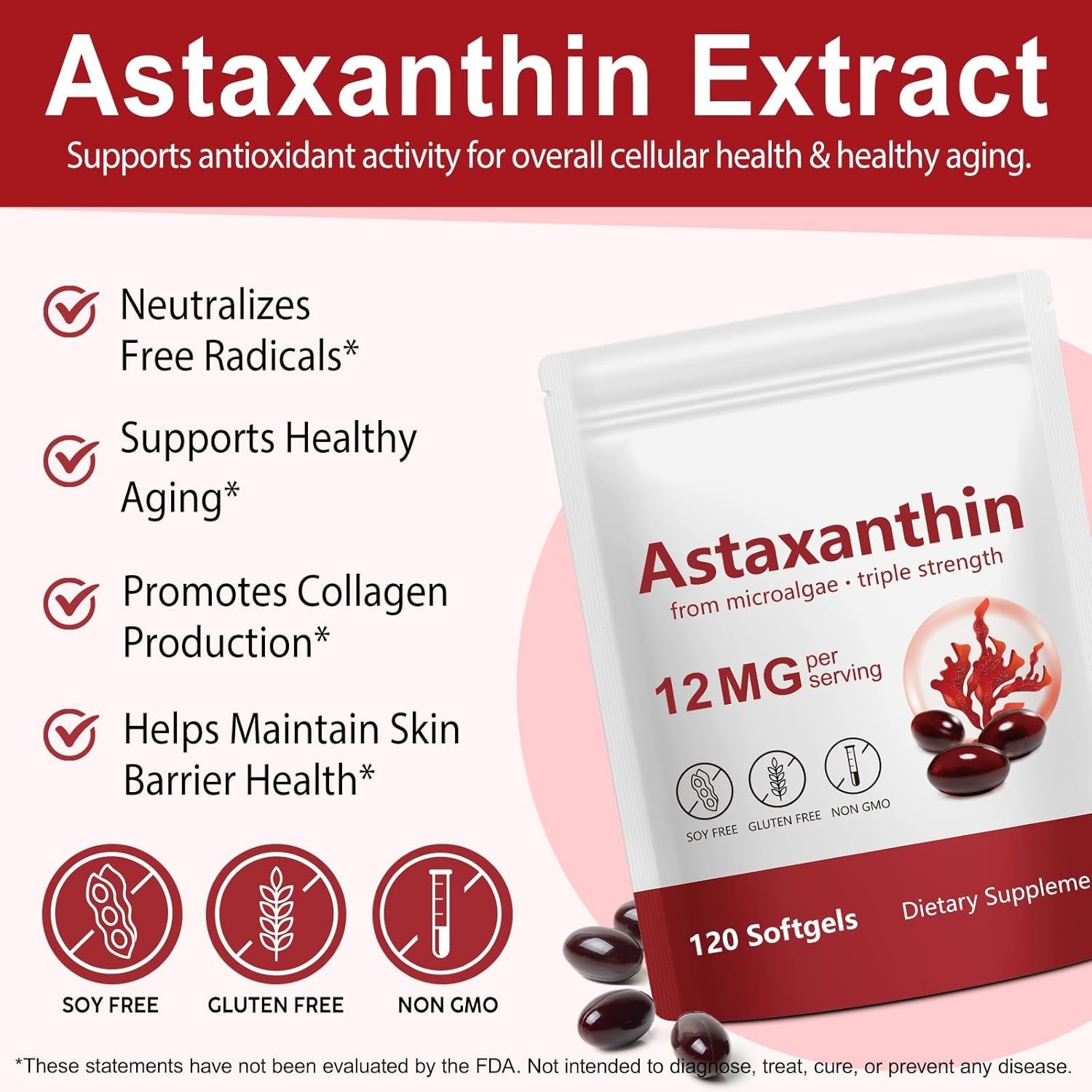Astaxanthin 12mg Softgels – 4- Antioxidant Support for Eyes, Skin, Joints & H…