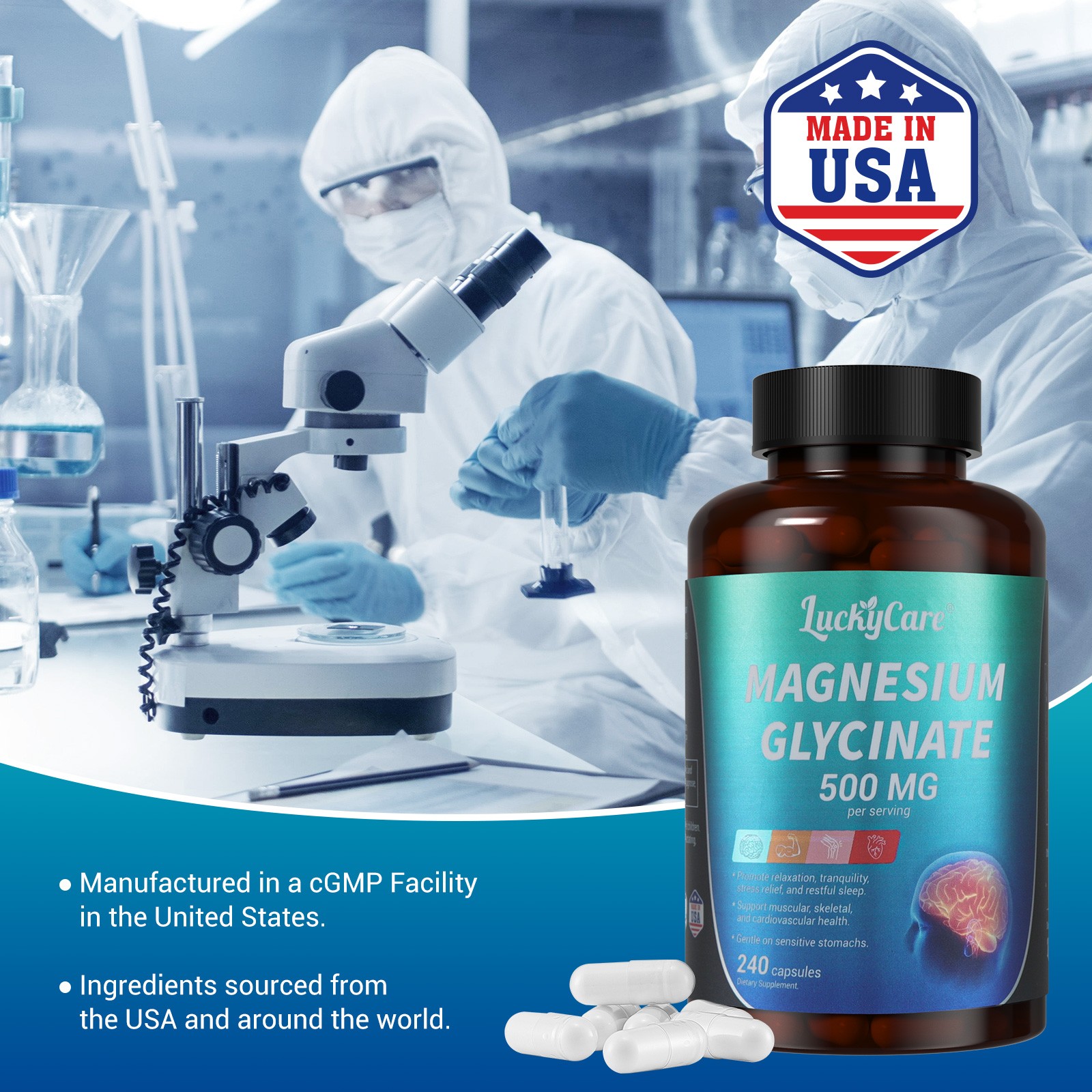 Magnesium Glycinate 500mg 120/240 Capsules For Sleep Stress Relief Support Bone